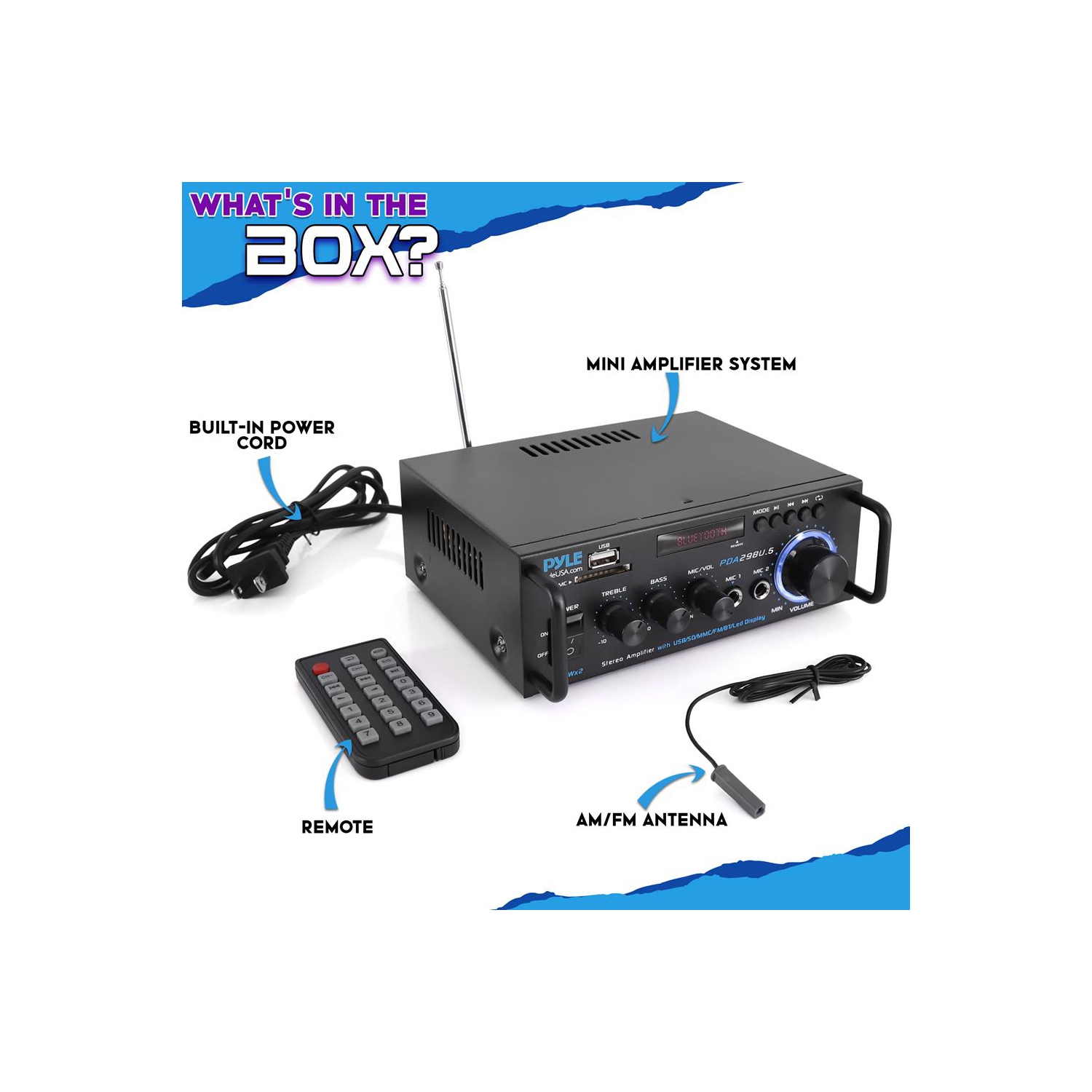 Amplificateur de puissance stéréo sans fil BT - amplificateur compact et audio pour diffusion en continu série bleue avec borniers RCA et