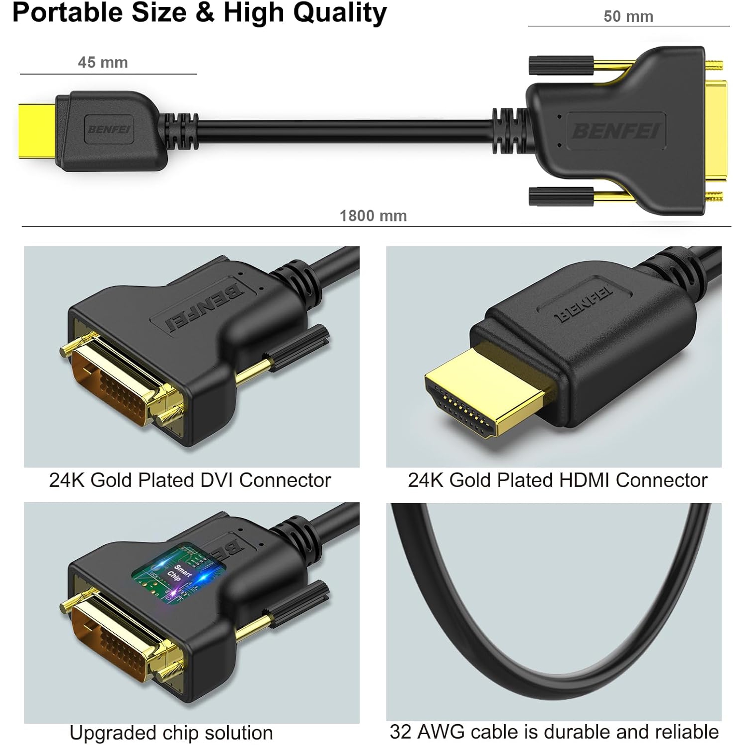 Câble adaptateur bidirectionnel haute vitesse HDMI à DVI de BENFEI, prise en charge de la HD intégrale 1080P
