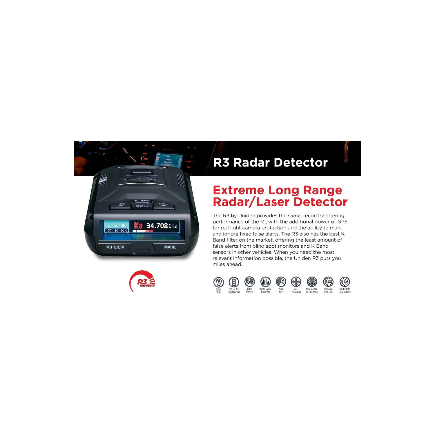 Détecteur de radar R3 d'Uniden – Détection laser longue portée, GPS intégré, affichage OLED, alertes vocales, avertissements de caméra de vitesse et