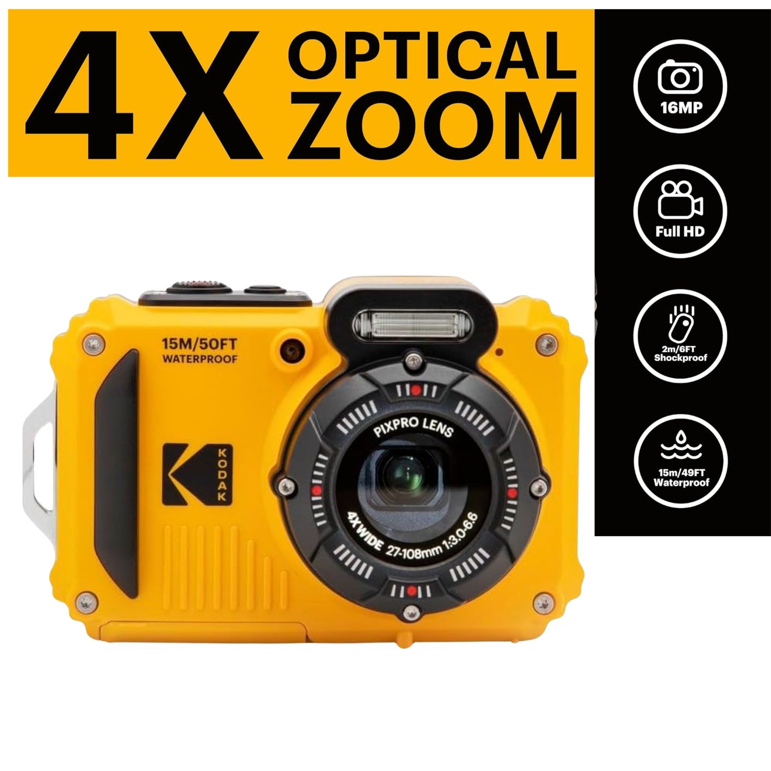 KODAK PIXPRO WPZ2 Rugged Waterproof Shockproof Dustproof WiFi Digital Camera 16MP 4X Optical Zoom 1080P Full HD Video Vlogging Camera 2.7" LCD