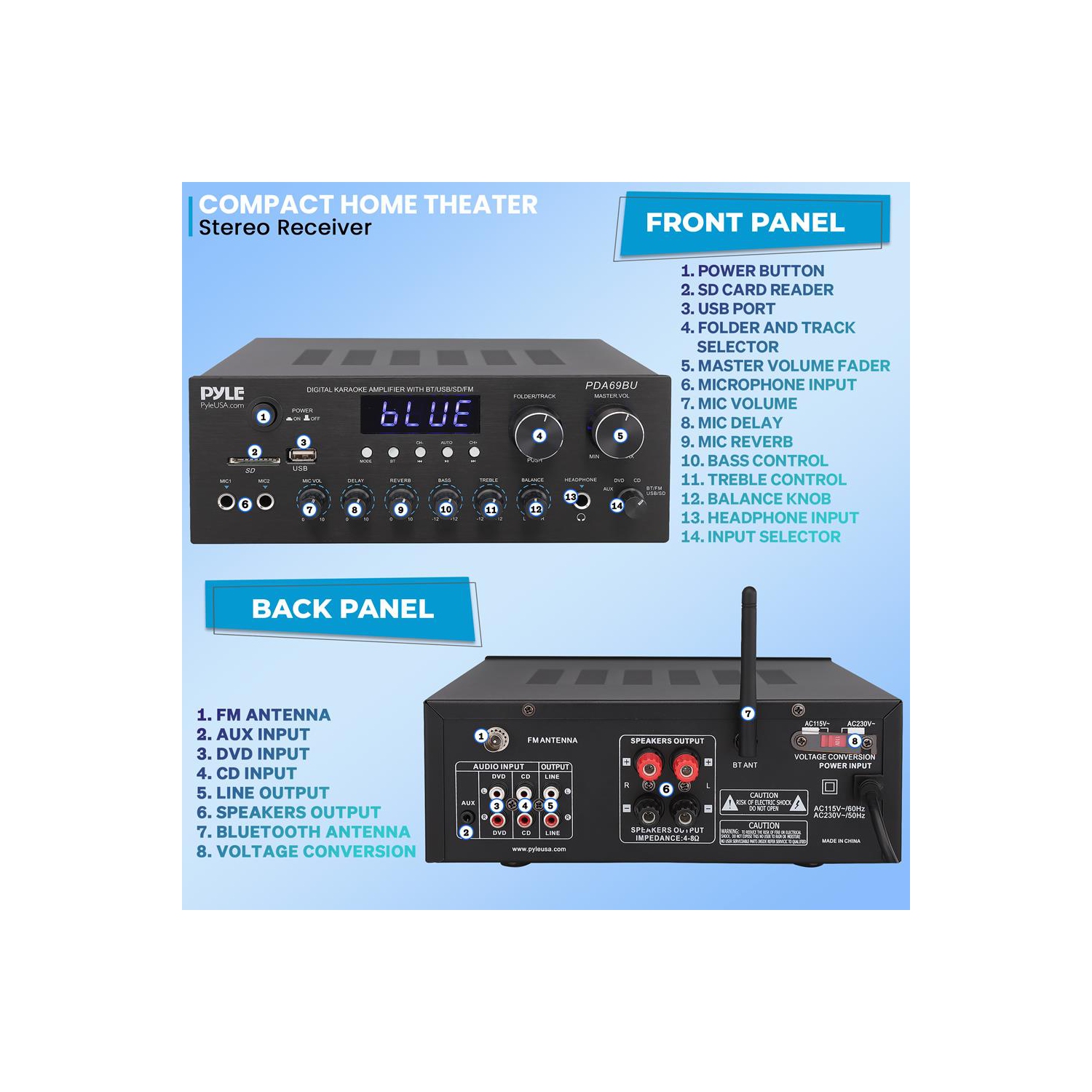 Amplificateur stéréo, système audio avec diffusion sans fil Bluetooth, radio MP3/USB/SD/aux/FM