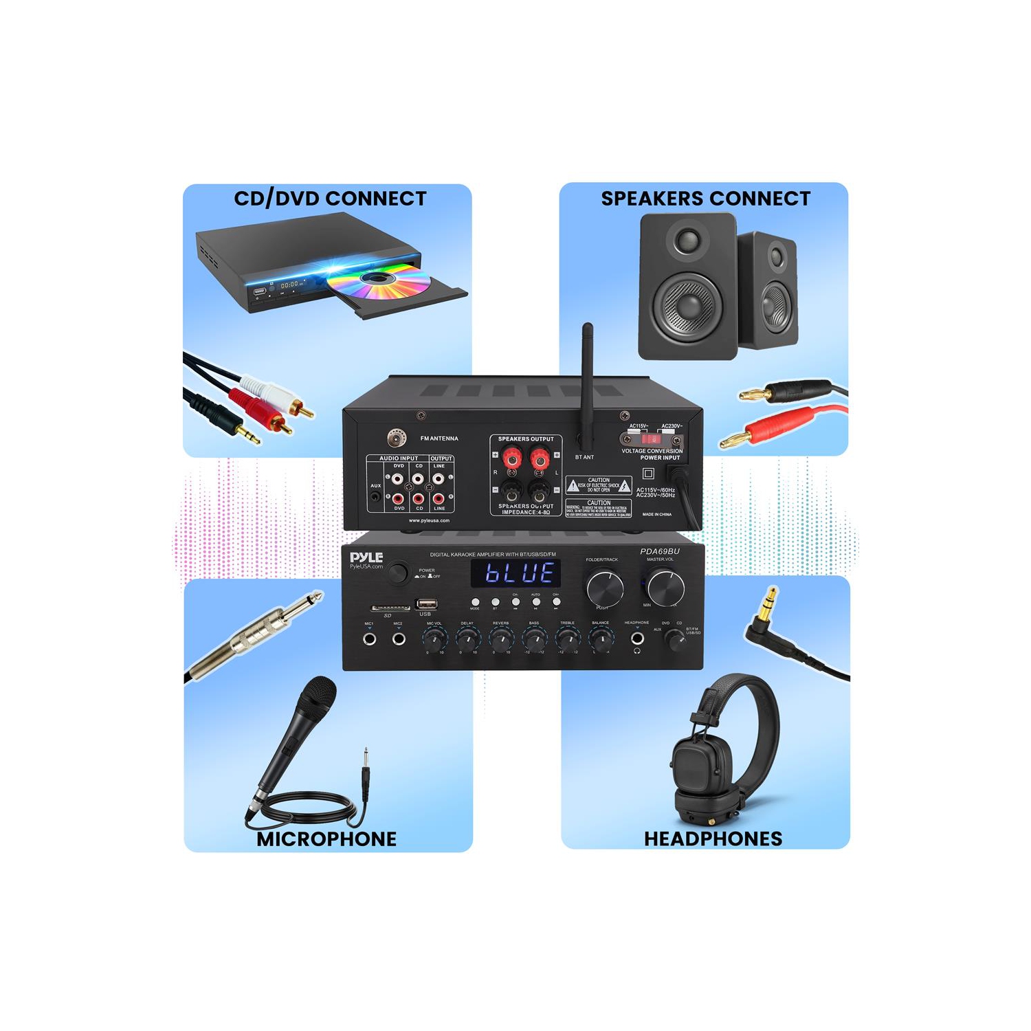 Amplificateur stéréo, système audio avec diffusion sans fil Bluetooth, radio MP3/USB/SD/aux/FM