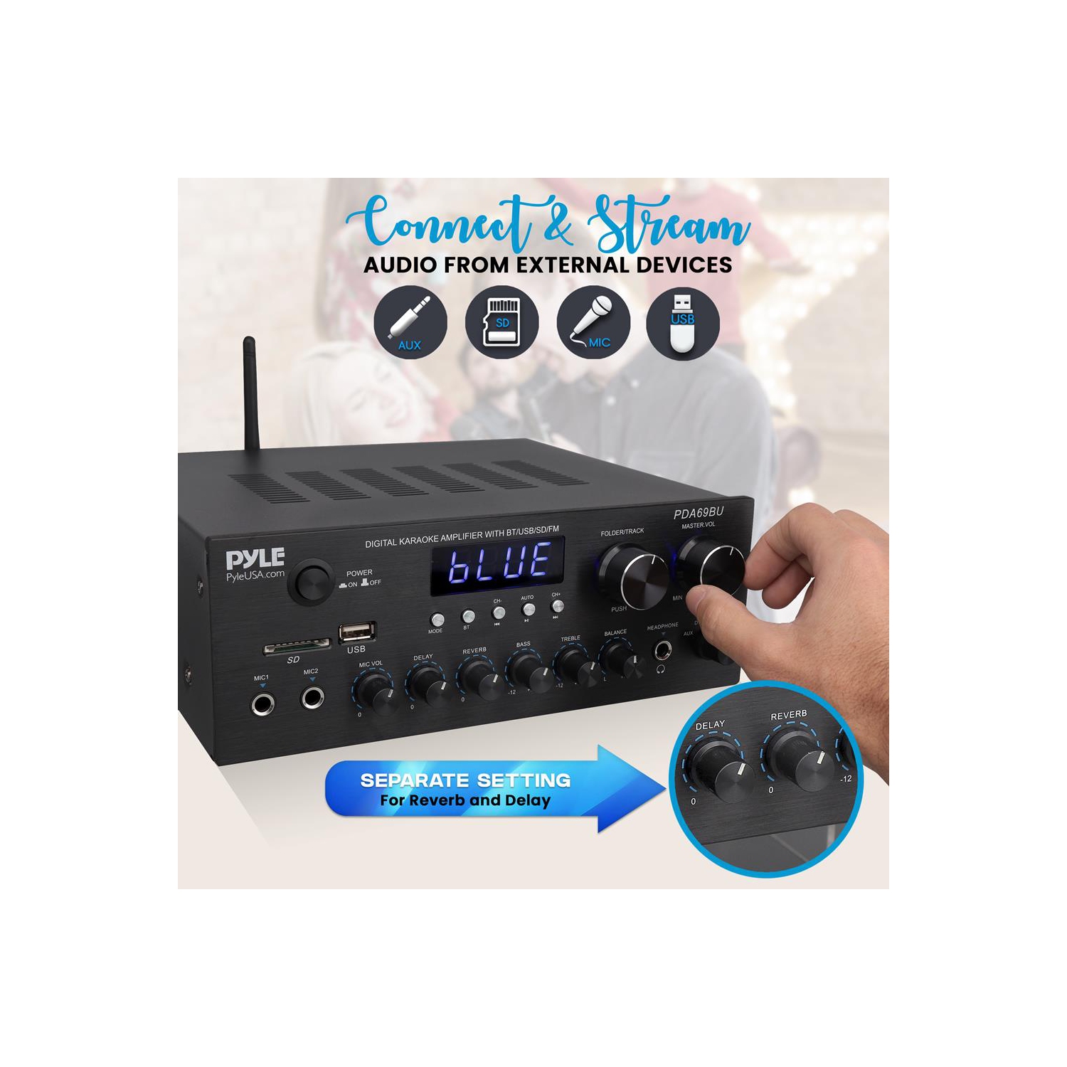 Amplificateur stéréo, système audio avec diffusion sans fil Bluetooth, radio MP3/USB/SD/aux/FM