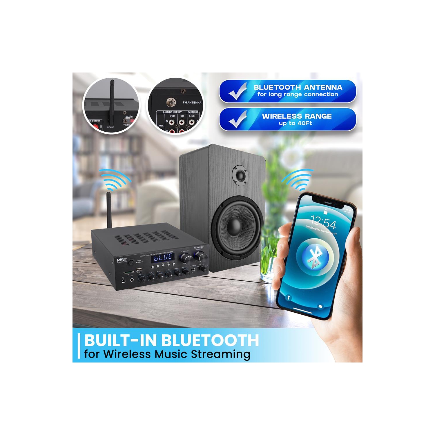 Amplificateur stéréo, système audio avec diffusion sans fil Bluetooth, radio MP3/USB/SD/aux/FM