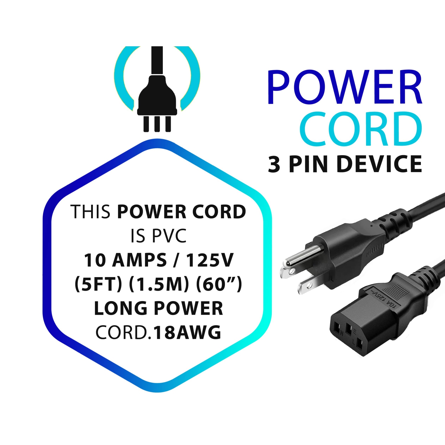 Standard 5ft 10 Amps 125 Volts Black 3 Prong AC Power Cord Cable for Electronics, TV, Computer, Printer, Radio, Monitor, Samsung, Dell, Vizio, LG,