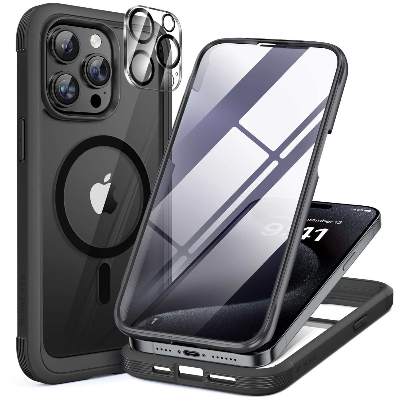 Magnetic for iPhone 15 Pro Max Case 6.7'', Compatible with Magsafe Full-Body Bumper Phone Case Cover with Built-in 9H Tempered Glass Screen
