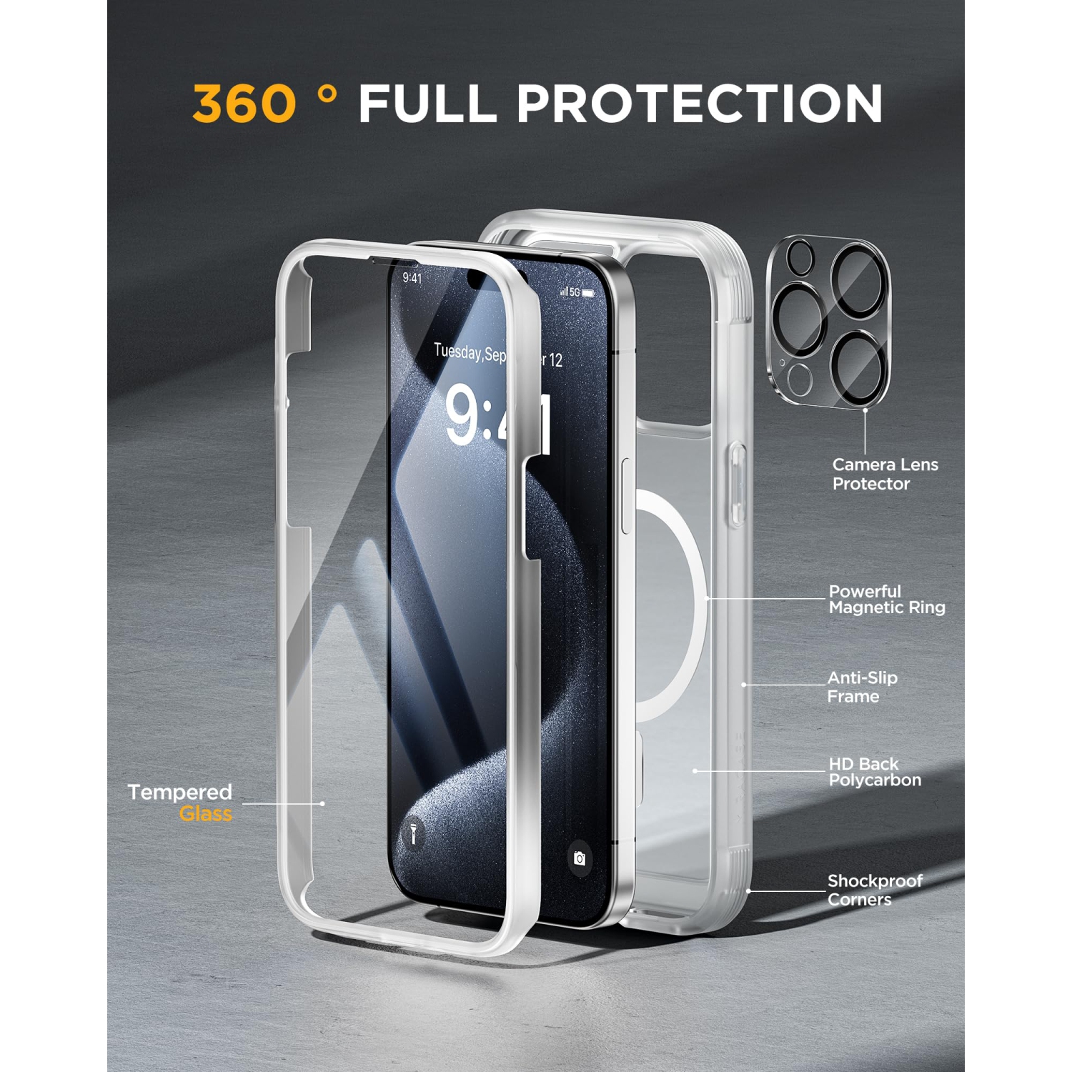 Magnetic for iPhone 15 Pro Max Case 6.7'', Compatible with Magsafe Full-Body Bumper Phone Case Cover with Built-in 9H Tempered Glass Screen