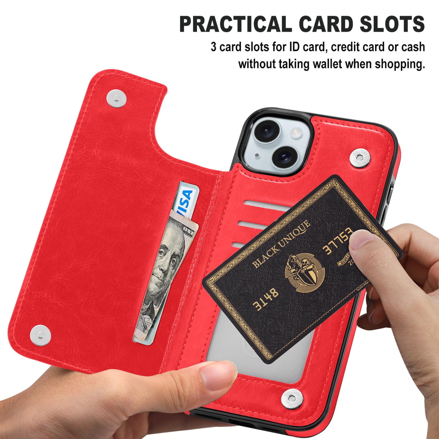 Conçu pour l'étui iPhone 15 plus, étui-portefeuille en cuir de polyuréthane de qualité supérieure pour iPhone 15 plus avec béquille pour porte-carte