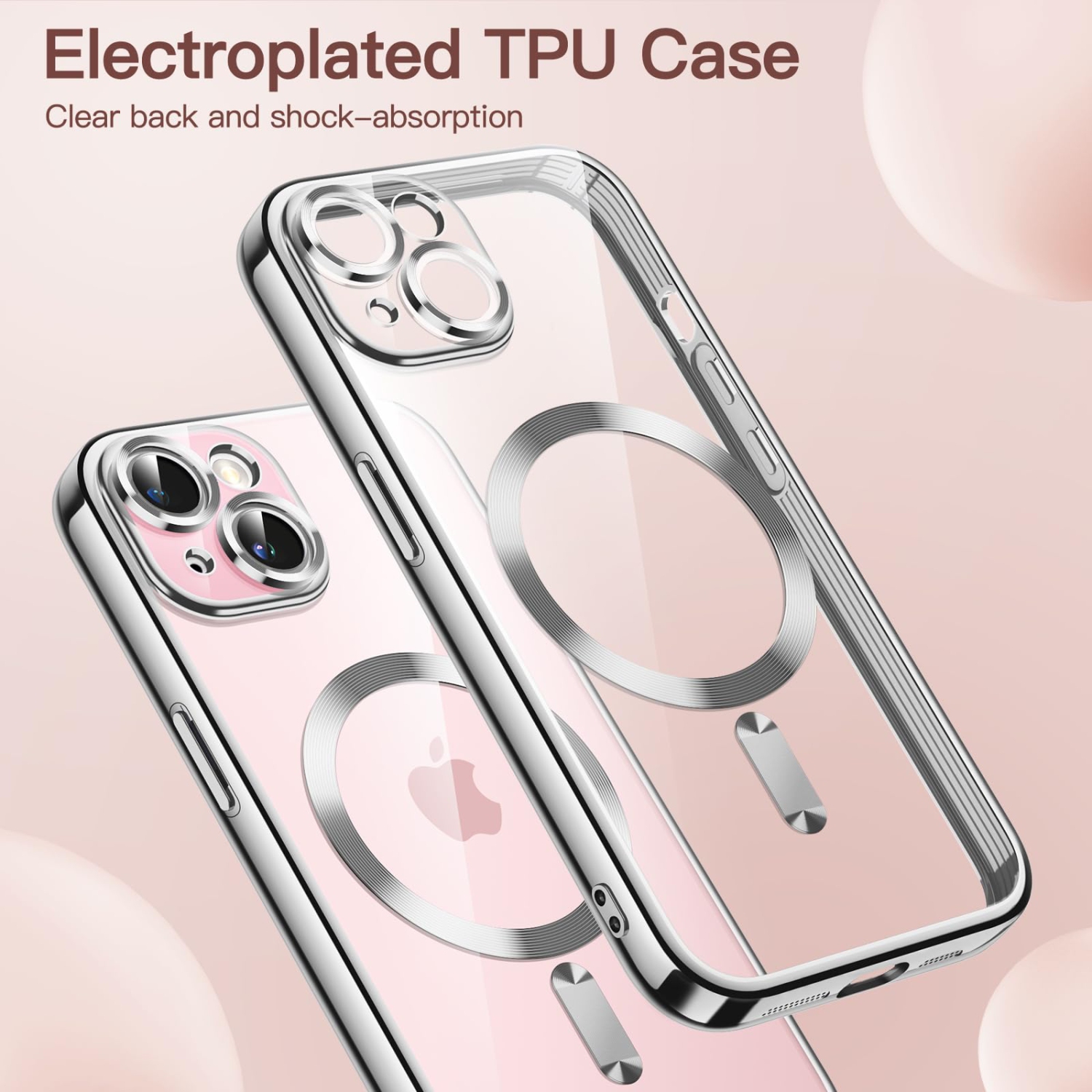 Étui électroplaqué pour iPhone 15 plus 6,7 po, objectif protection complète, compatible avec chargement sans fil MagSafe, étui souple en TPUR