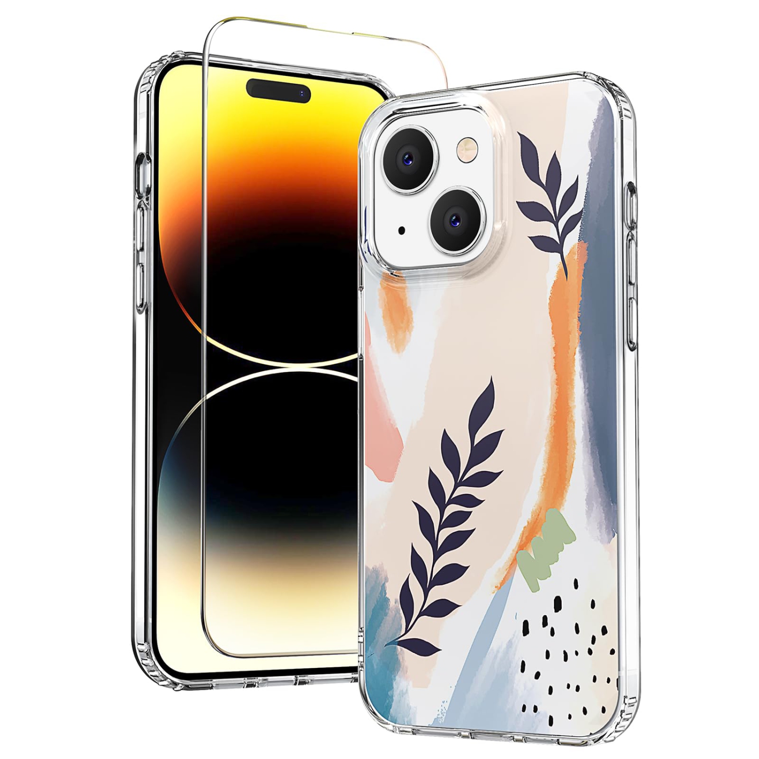 iPhone 15 Case with Screen Protector, Slim Fit Boho Floral Design Cute Women Girls Phone Case for iPhone 15 6.1 inch TPU + PC ShockPlusof & Non-Fading