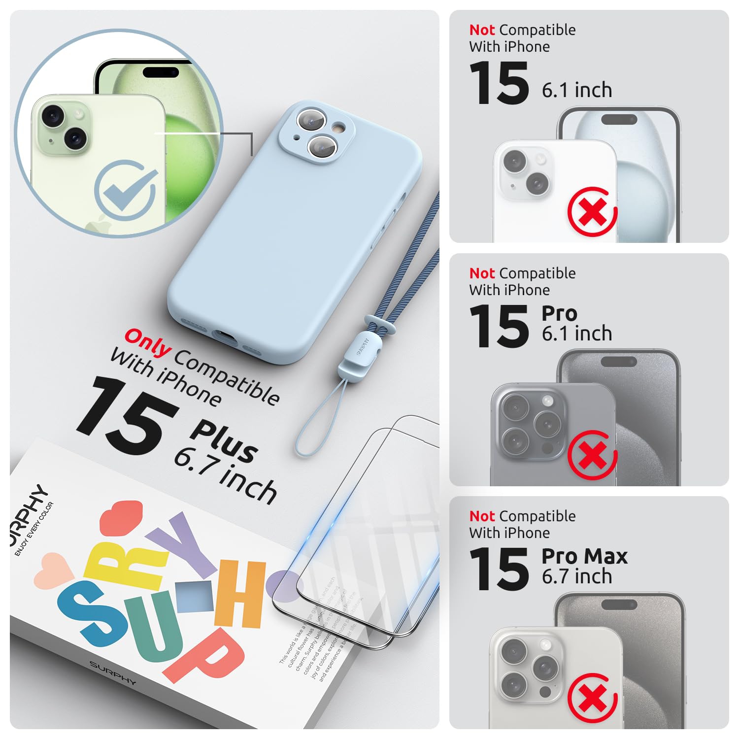 Designed for iPhone 15 Plus Case 6.7 inch, with Camera Protection Liquid Silicone Soft Gel Rubber Phone Case Cover with Lanyard and Microfiber Lining