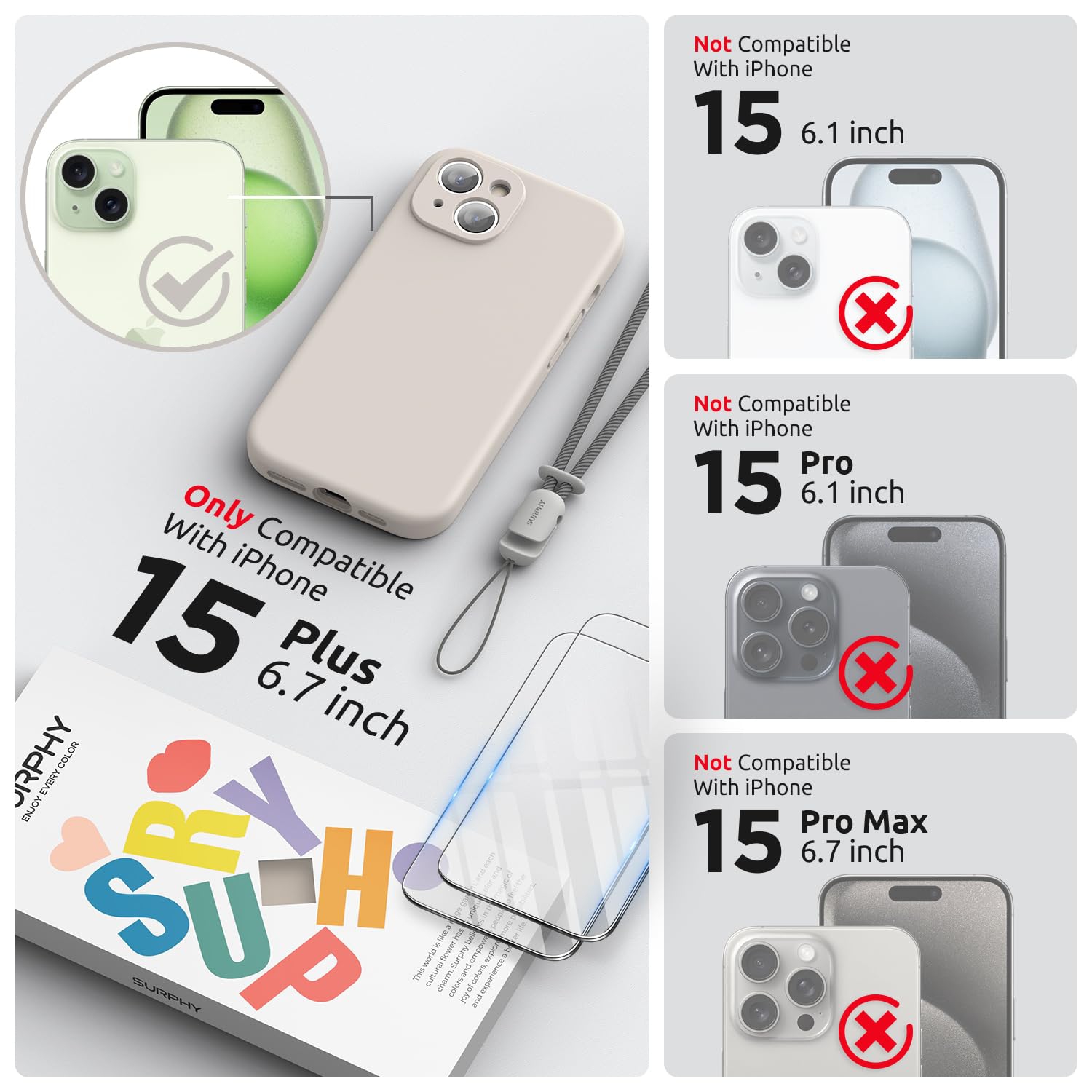 Designed for iPhone 15 Plus Case 6.7 inch, with Camera Protection Liquid Silicone Soft Gel Rubber Phone Case Cover with Lanyard and Microfiber Lining