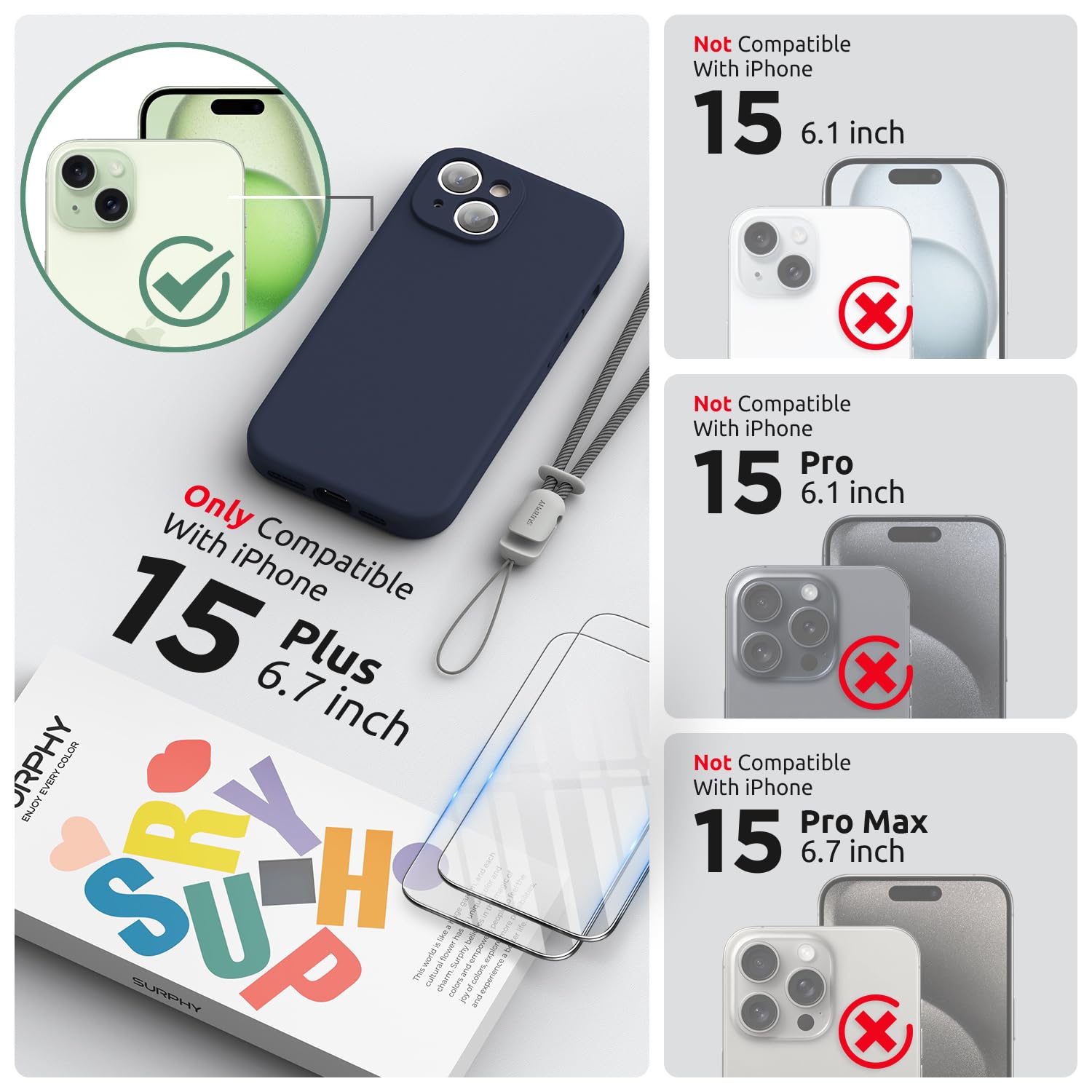 Designed for iPhone 15 Plus Case 6.7 inch, with Camera Protection Liquid Silicone Soft Gel Rubber Phone Case Cover with Lanyard and Microfiber Lining