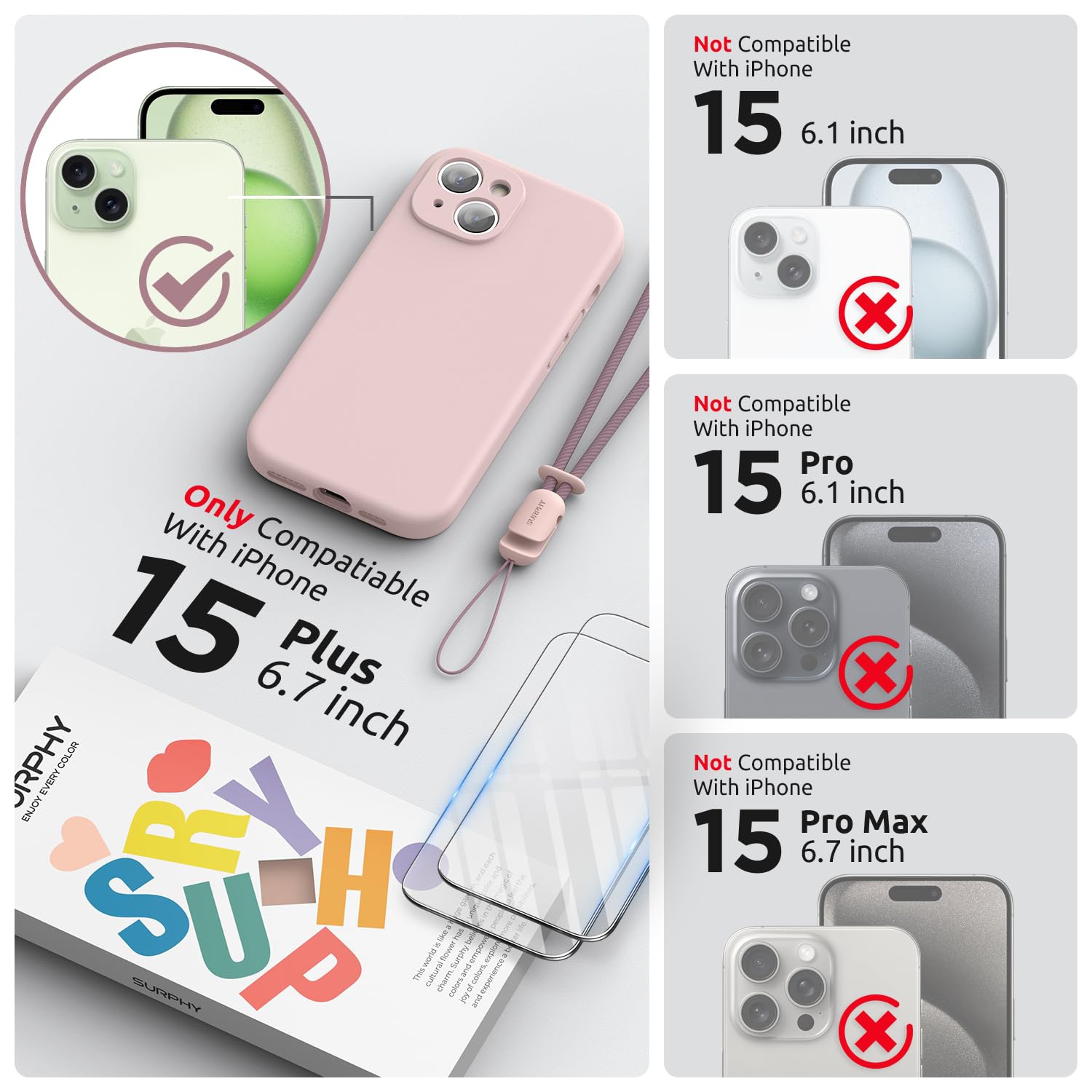 Designed for iPhone 15 Plus Case 6.7 inch, with Camera Protection Liquid Silicone Soft Gel Rubber Phone Case Cover with Lanyard and Microfiber Lining