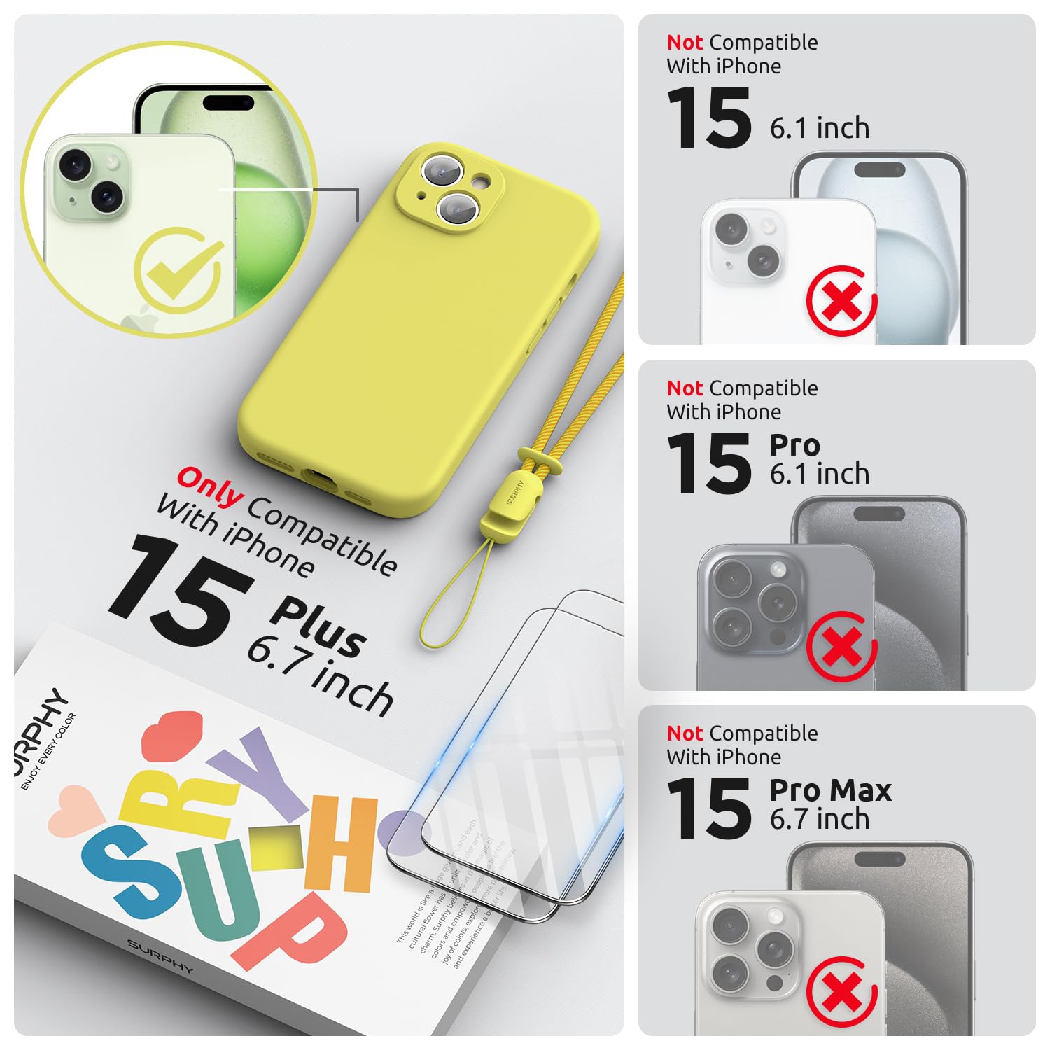 Designed for iPhone 15 Plus Case 6.7 inch, with Camera Protection Liquid Silicone Soft Gel Rubber Phone Case Cover with Lanyard and Microfiber Lining