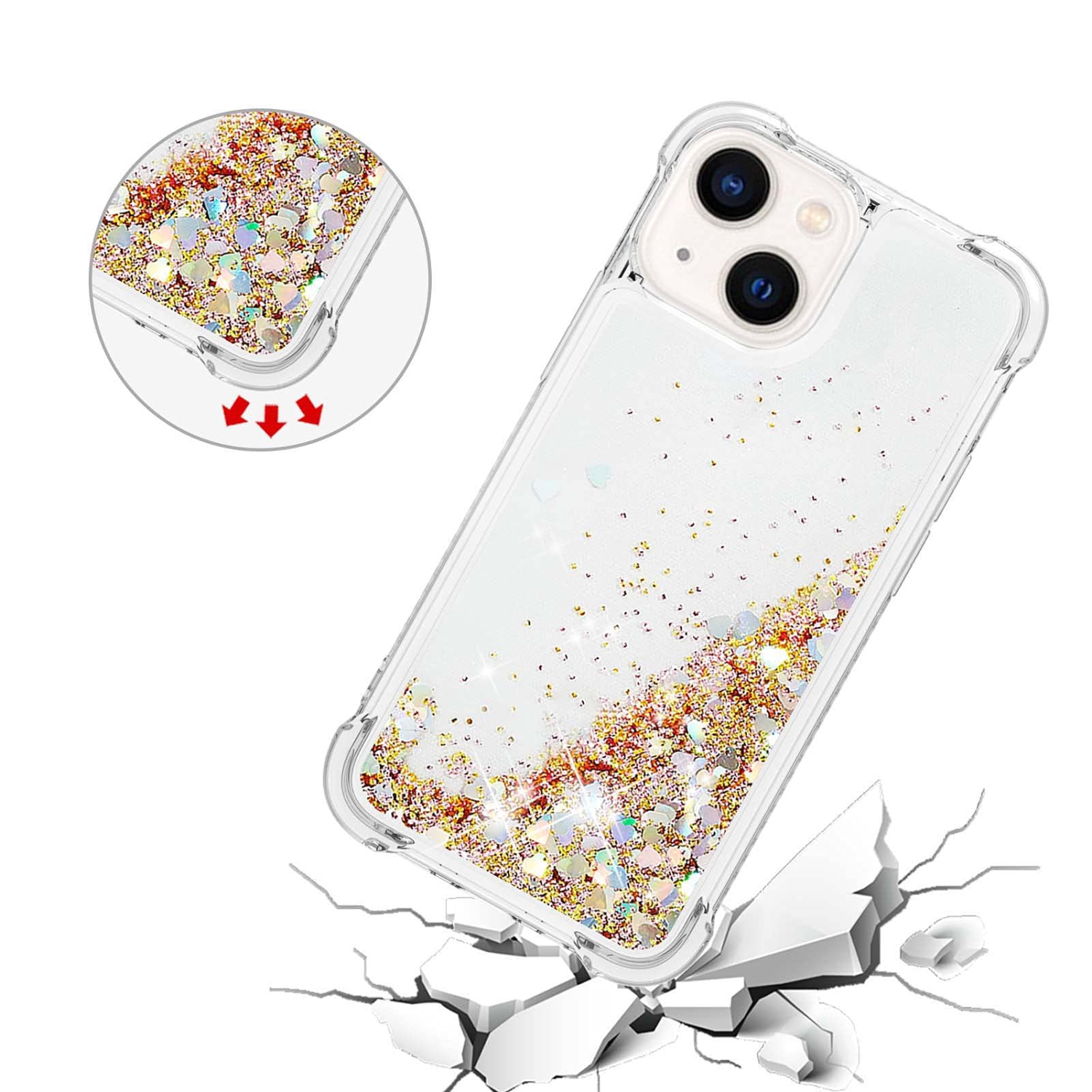 Étui pour iPhone de 15 6,1 po, étui liquide brillant liquide transparent flottant Quicksand antichoc protecteur silicone scintillant Étui souple en