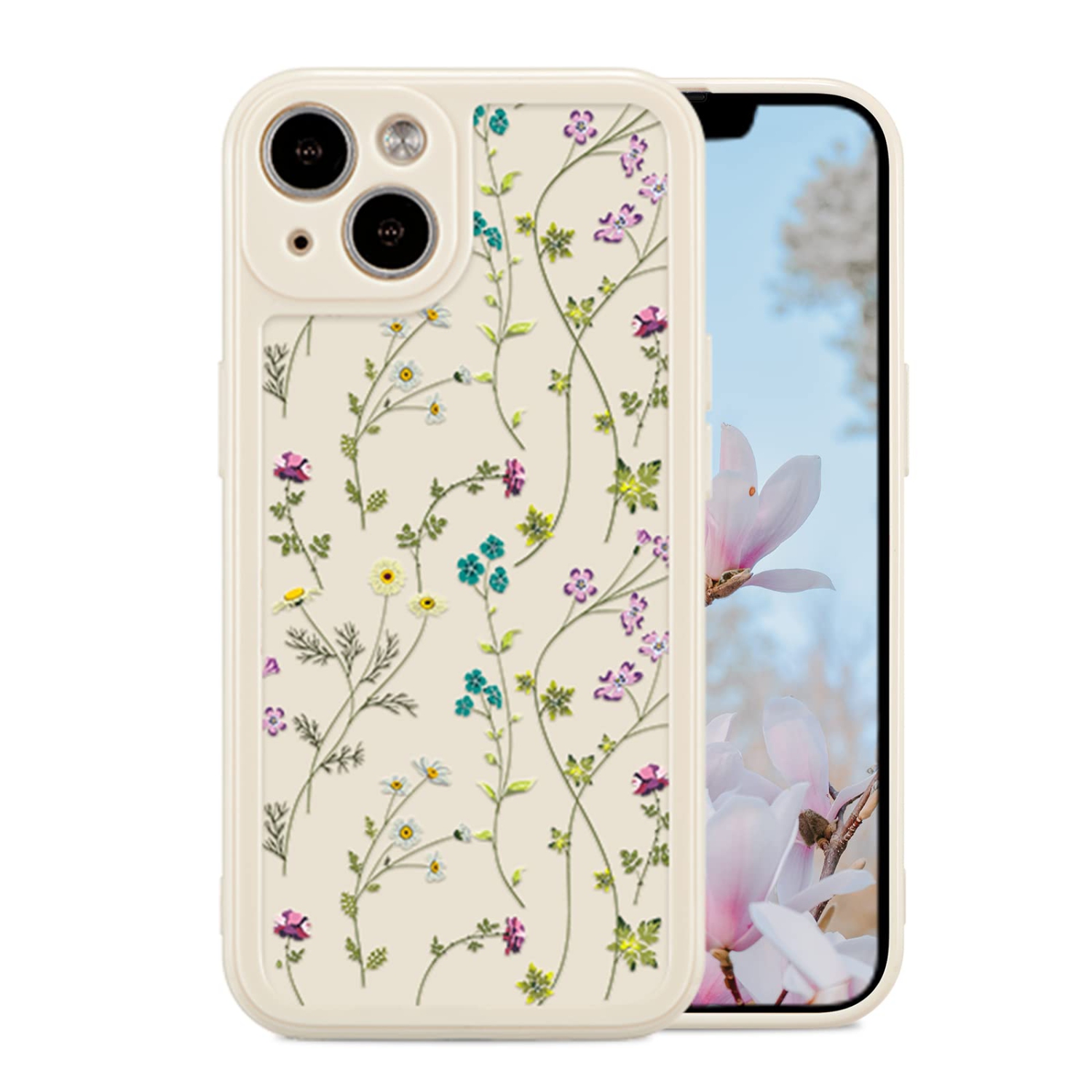 Étui floral pour iPhone 15, motif de branche de fleurs mignon étui pour filles Slim Thin étui antichoc en silicone souple et antidérapant pour iPhone