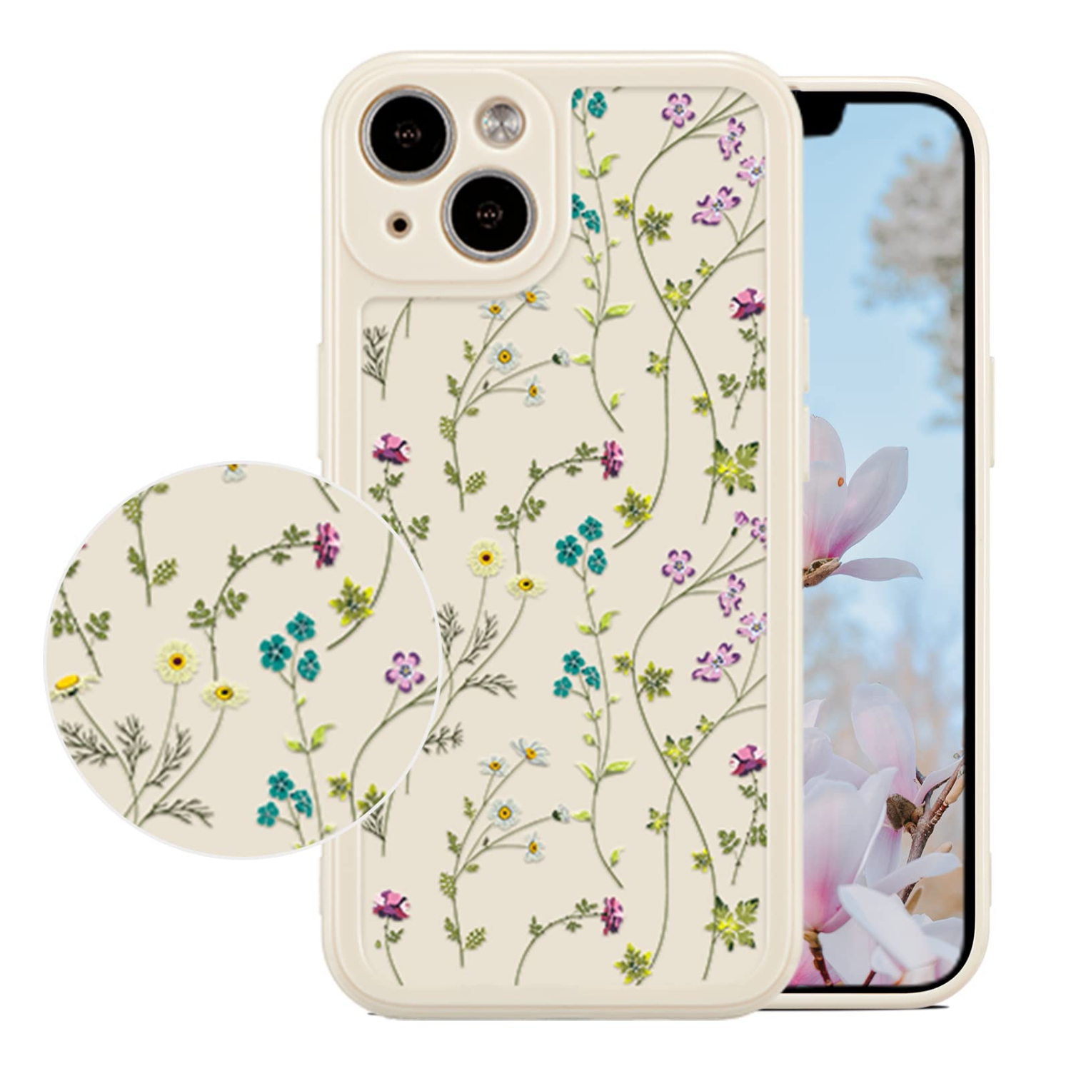 Étui floral pour iPhone 15, motif de branche de fleurs mignon étui pour filles Slim Thin étui antichoc en silicone souple et antidérapant pour iPhone