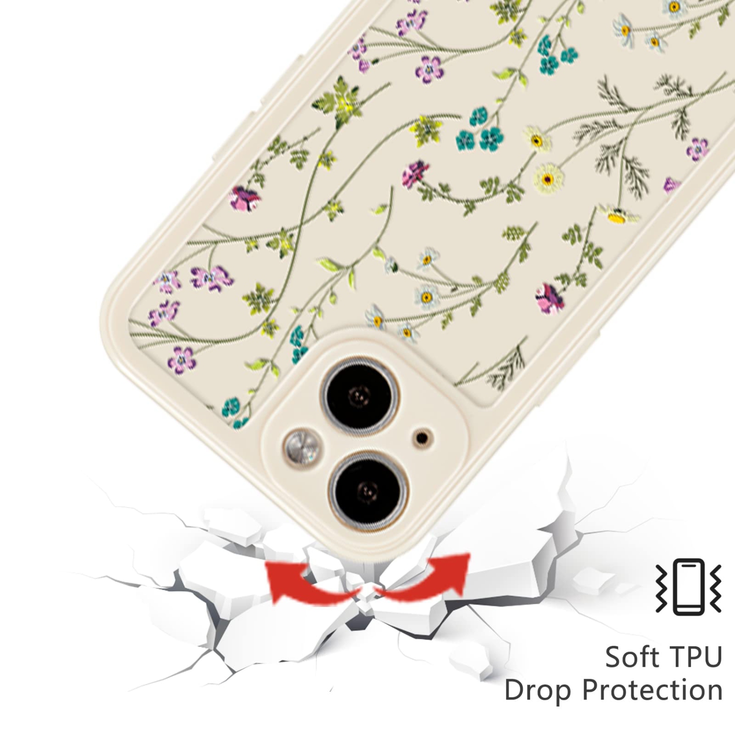 Étui floral pour iPhone 15, motif de branche de fleurs mignon étui pour filles Slim Thin étui antichoc en silicone souple et antidérapant pour iPhone