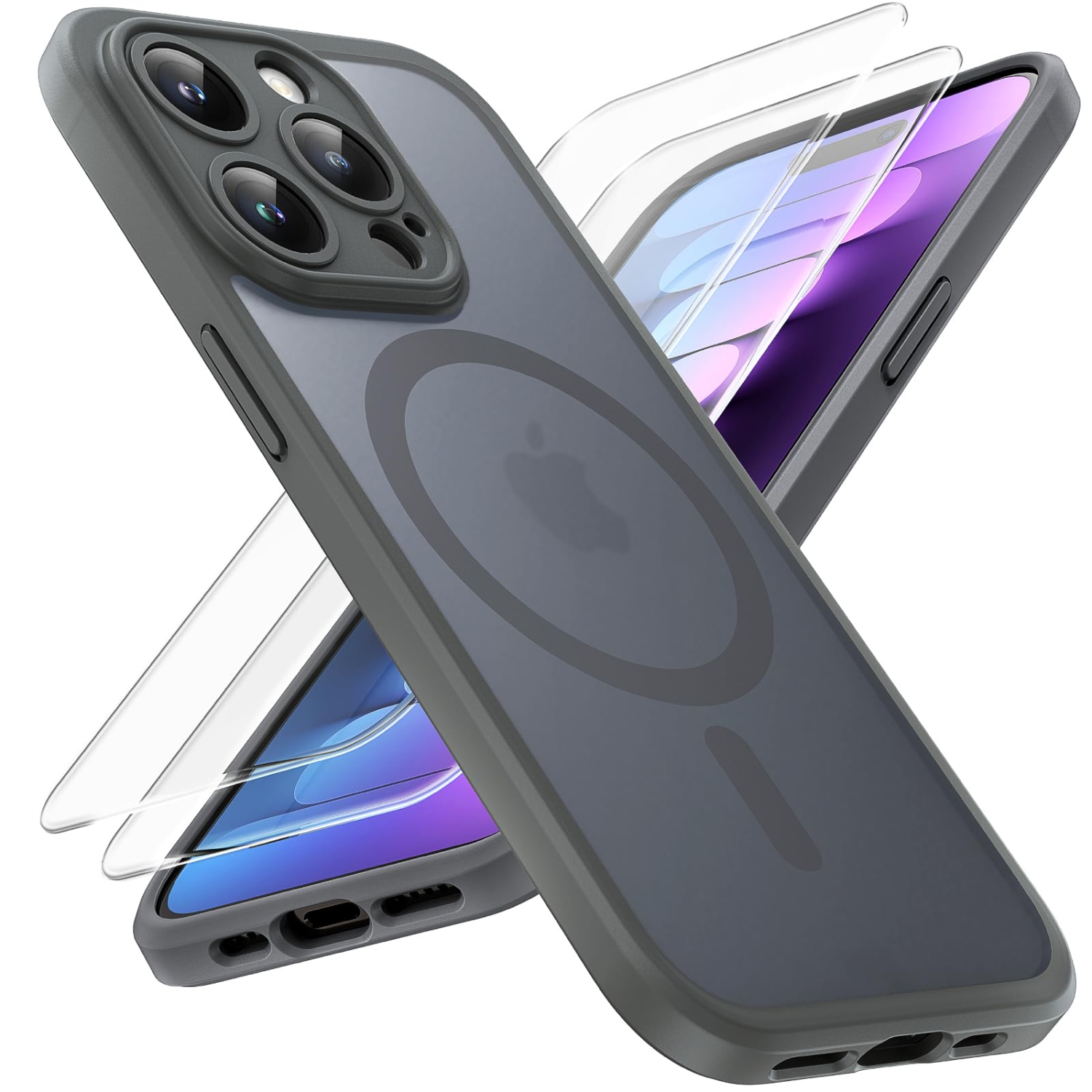 3 in 1 Magnetic for iPhone 15 Pro Max Case, Upgraded Full Camera Protection with 2 Screen Protector, Fit for MagSafe,Translucent Matte Back Phone