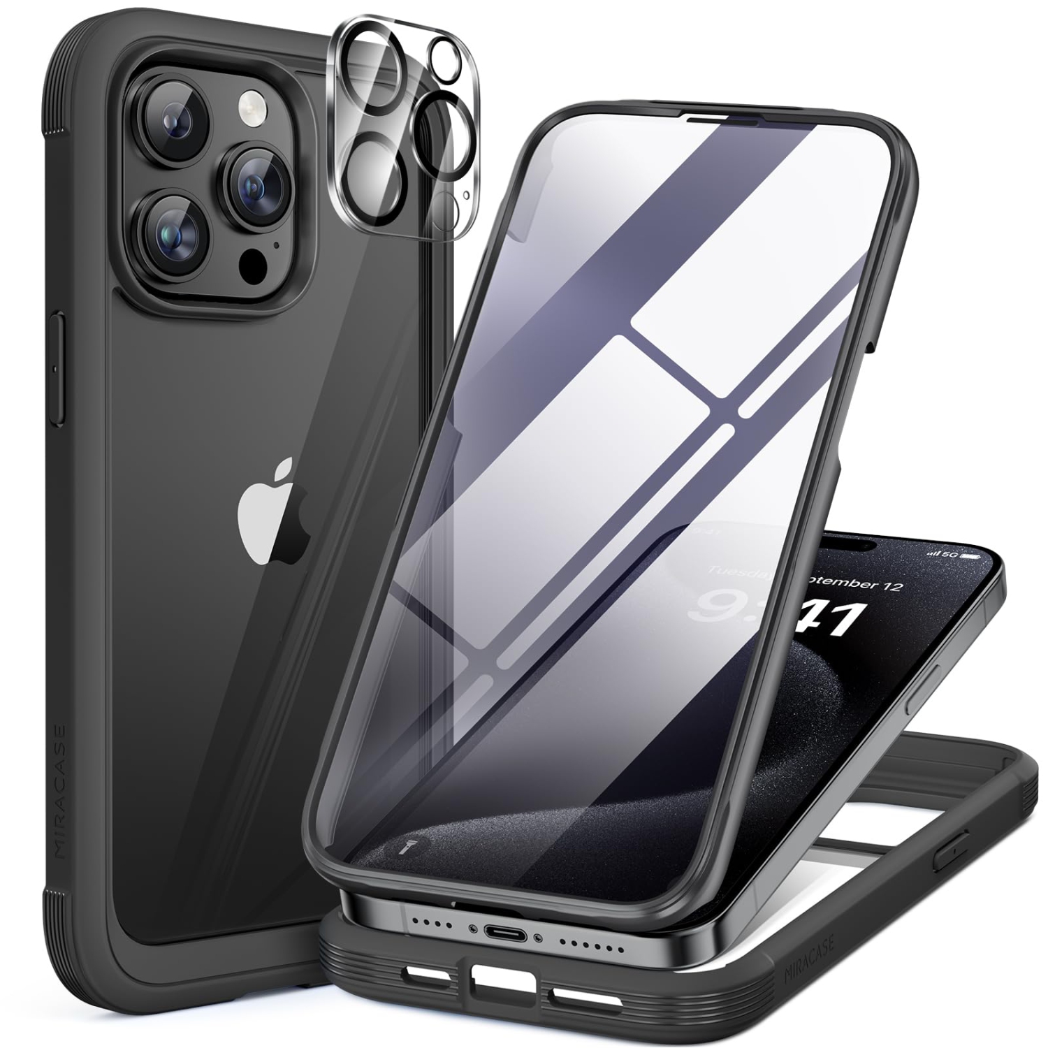 Glass Case for iPhone 15 Pro Max Case 6.7'', Full-Body Bumper Phone Case Cover with Built-in 9H Tempered Glass Screen Protector & Camera Lens