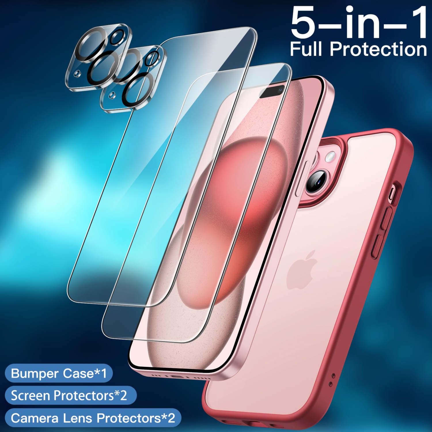 5 in 1 Matte Case for iPhone 15 Plus 6.7-Inch with 2-Pack Each Tempered Glass Screen Protector and Camera Lens Protector, Translucent Back Shockproof