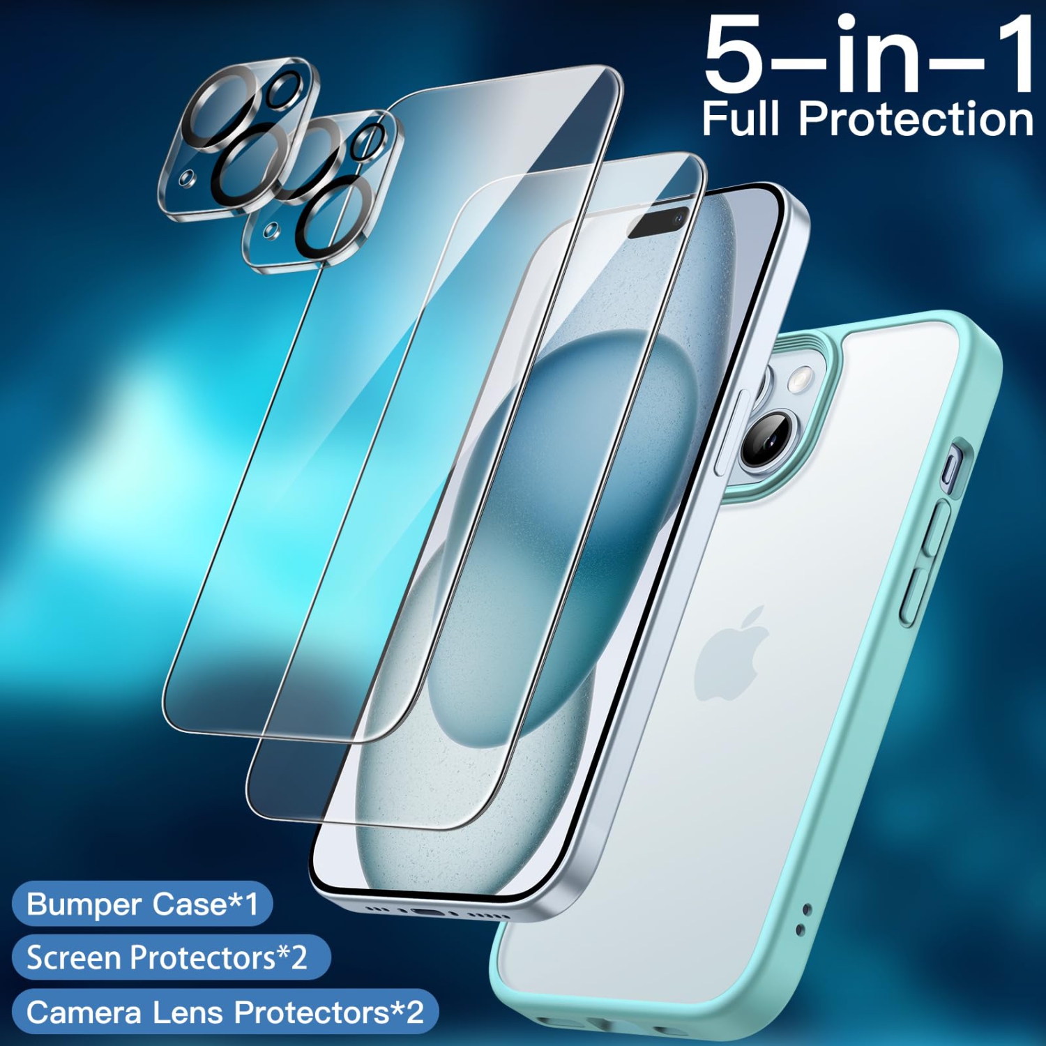 5 in 1 Matte Case for iPhone 15 Plus 6.7-Inch with 2-Pack Each Tempered Glass Screen Protector and Camera Lens Protector, Translucent Back Shockproof