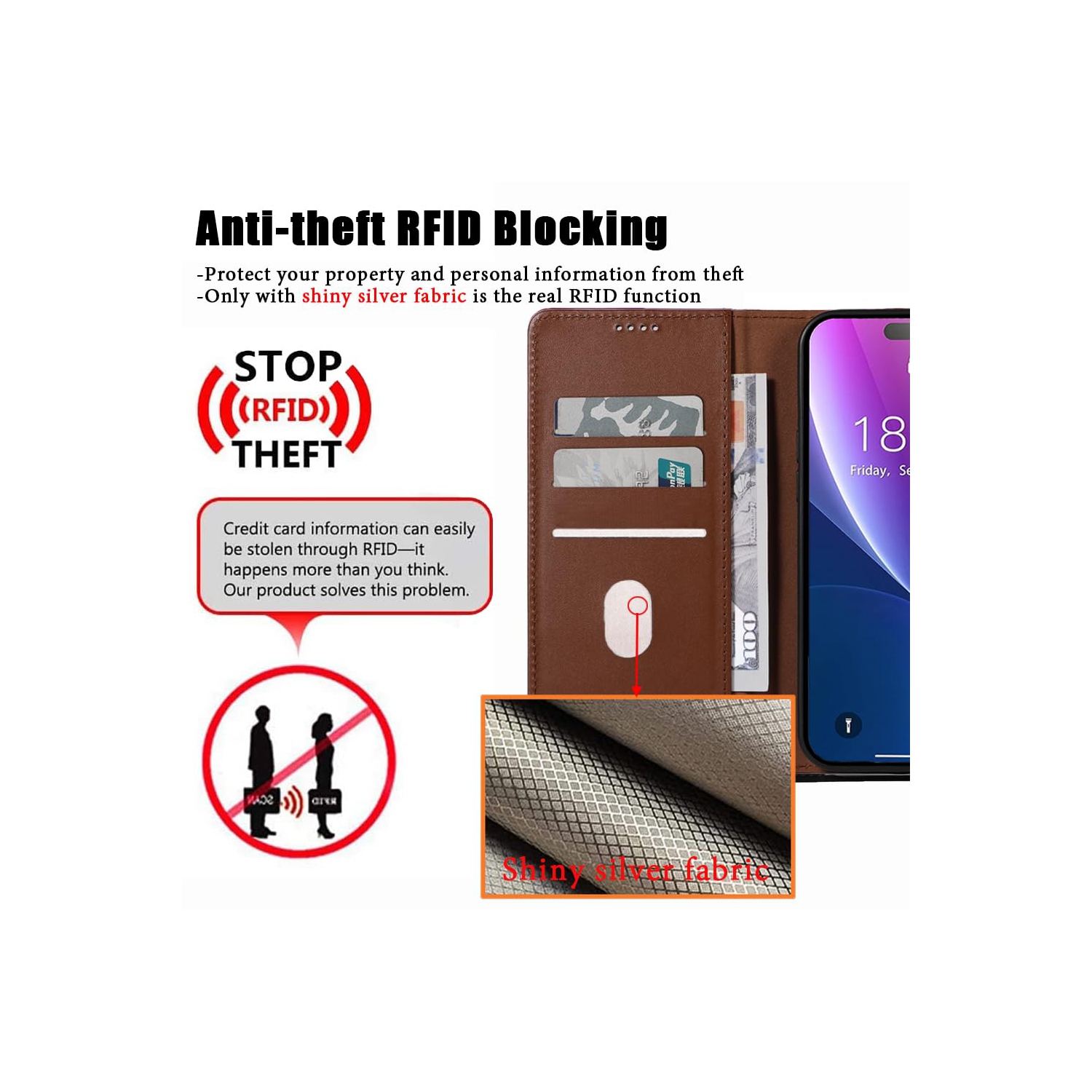 Étui portefeuille iPhone 15 plus en cuir véritable anti-vol RFID béquille fermoir magnétique solide fentes carte crédit protection iPhone 15 plus