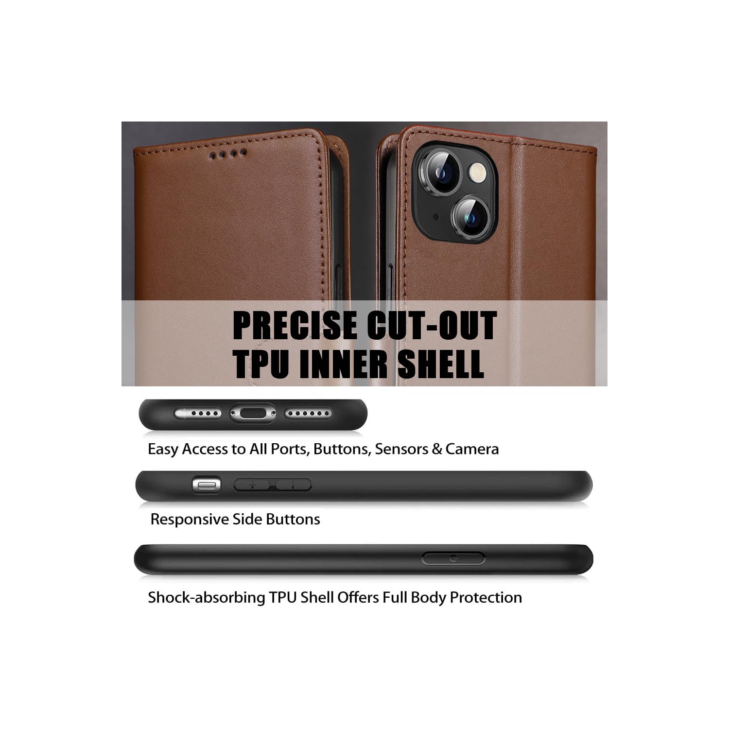 Étui portefeuille iPhone 15 plus en cuir véritable anti-vol RFID béquille fermoir magnétique solide fentes carte crédit protection iPhone 15 plus