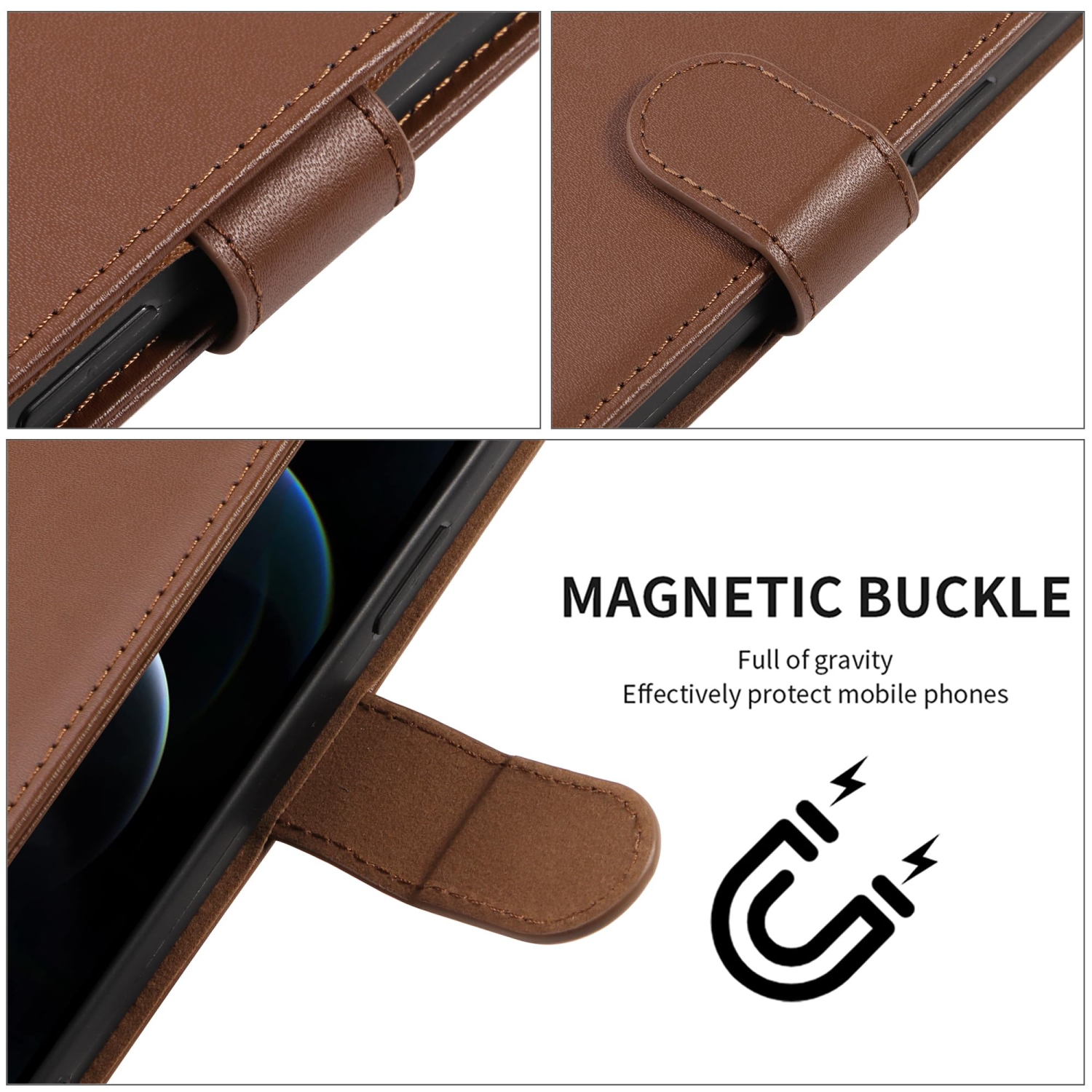 Étui portefeuille iPhone 15 plus en cuir véritable anti-vol RFID béquille fermoir magnétique solide fentes carte crédit protection iPhone 15 plus