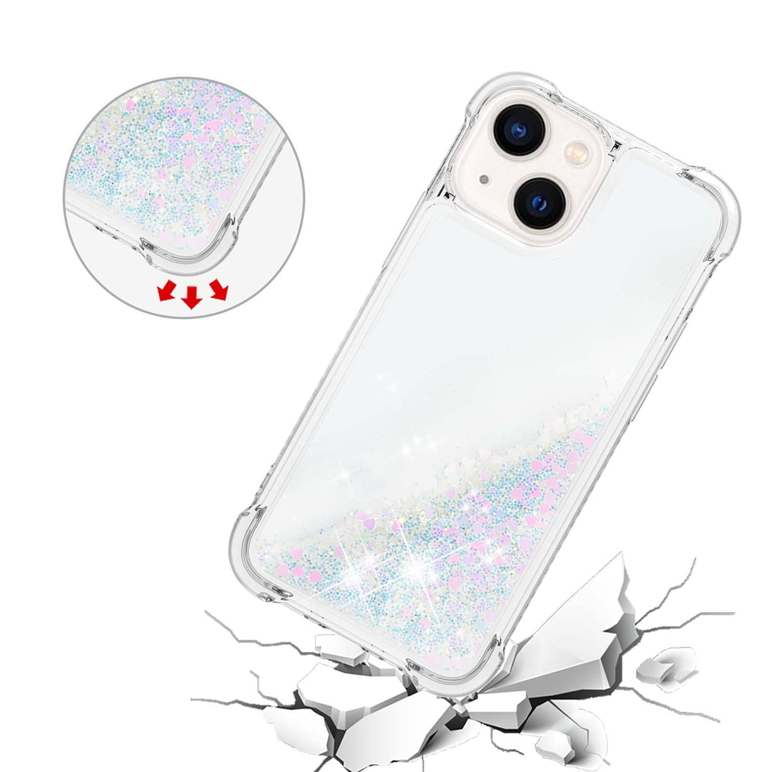 Étui pour iPhone de 15 6,1 po, étui liquide brillant liquide transparent flottant Quicksand antichoc protecteur silicone scintillant Étui souple en