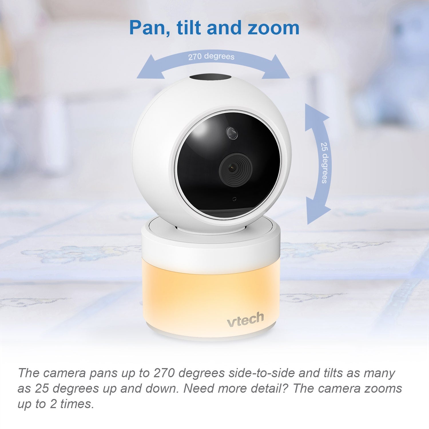 Interphone de surveillance vidéo à deux caméras de 5 po de VTech avec fonctions de rotation, d'inclinaison et de zoom à distance, et de veilleuse