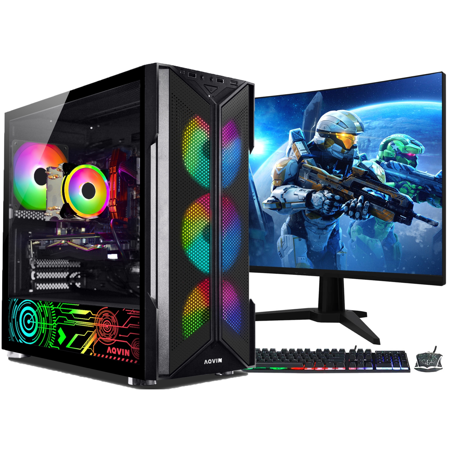 Gaming PC AQVIN-AQ20 Desktop Computer Tower - New 24 inch Curved Gaming Monitor (Intel Core i7 processor/ 32GB DDR4 RAM/ 2TB SSD/ GeForce RTX 4060 8GB/ windows 11)- Only at BestBuy