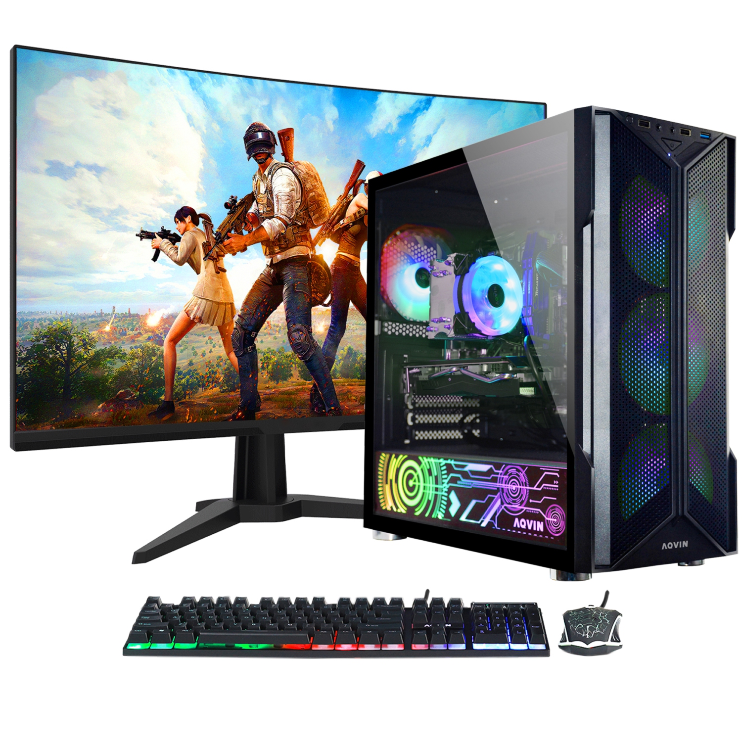 AQVIN-AQ20 Gaming PC Tower Desktop Computer Intel Core i7 up to 4.00 GHz 32GB DDR4 RAM 2TB SSD GeForce RTX 3050 8GB Windows 10 Pro New 24 inch Curved Gaming Monitor