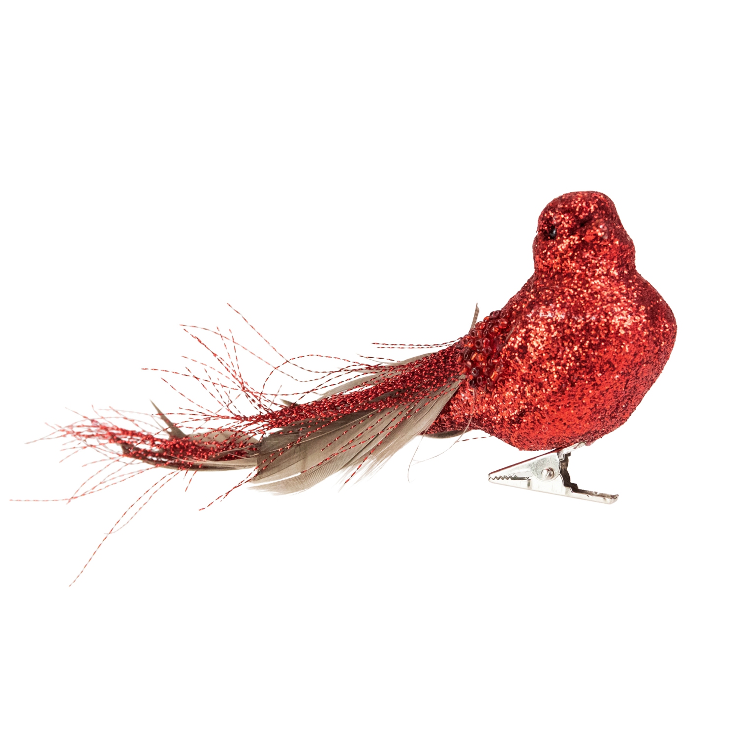 Ornement de Noël à pince, oiseau scintillant rouge, 8 po avec queue en plumes