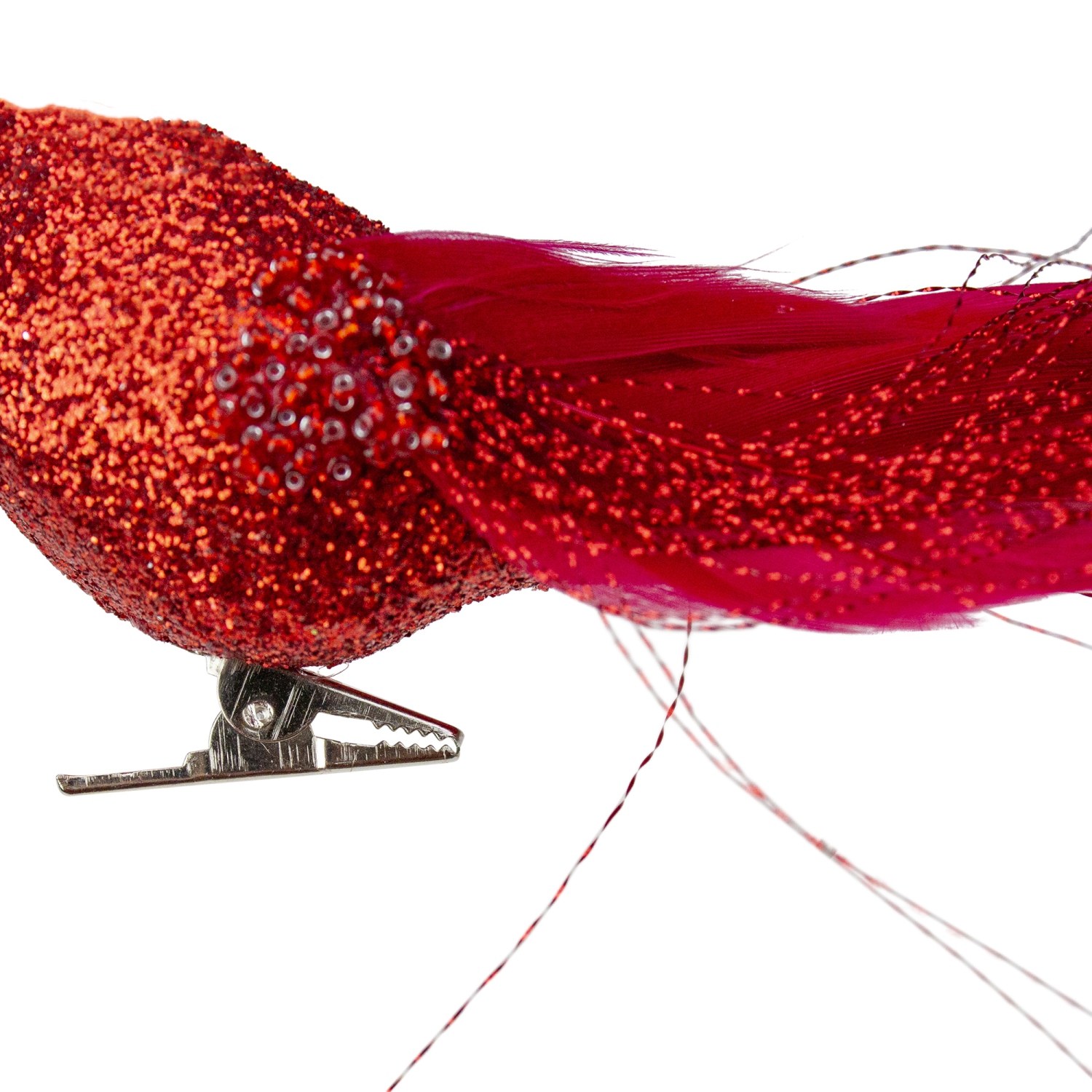Ornement de Noël à pince, oiseau scintillant rouge, 8 po avec queue en plumes