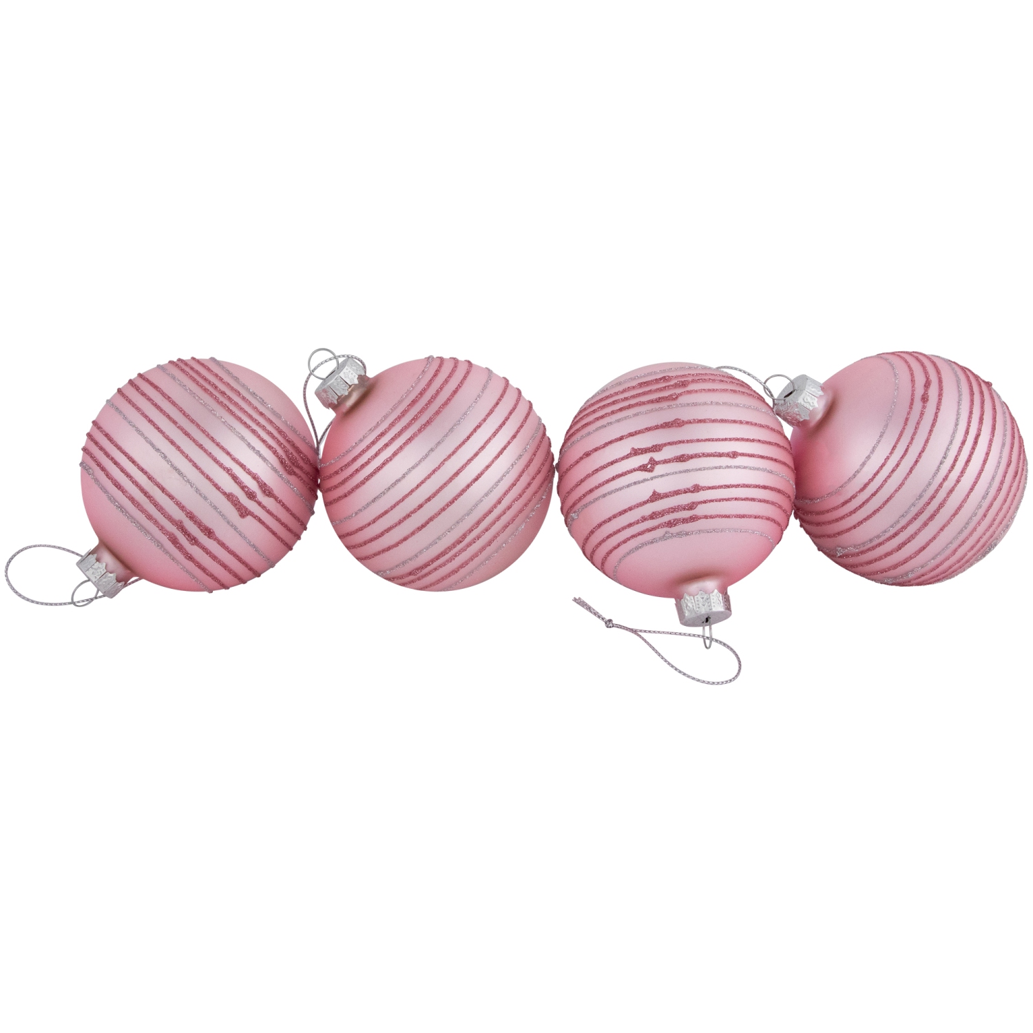 Glitter Striped Glass Christmas Ball Ornaments - 3" - Pink - 4ct