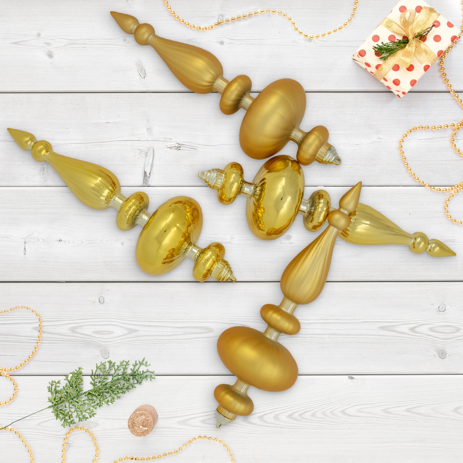 Commercial Size 2-Finish Christmas Finial Shatterproof Ornaments - Gold -12" - 4ct