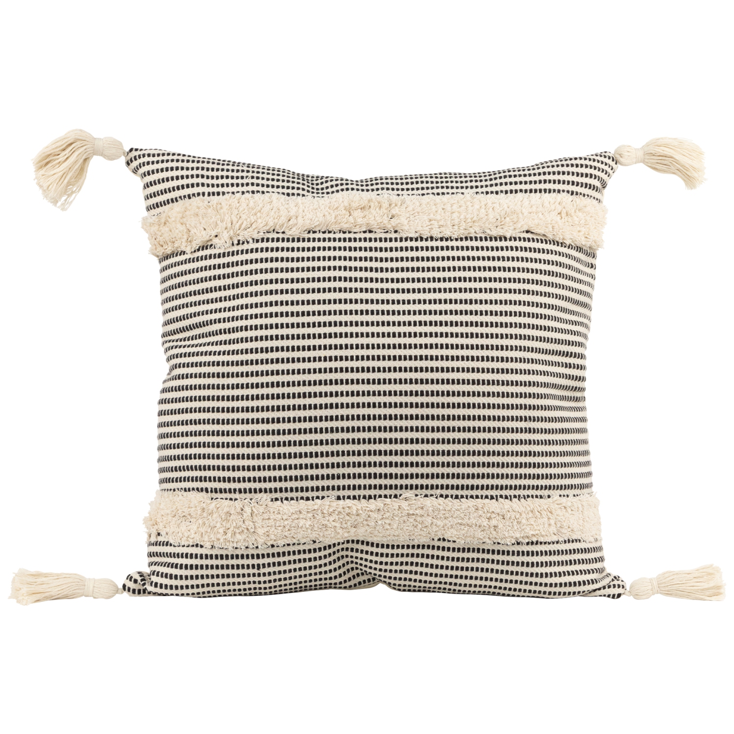 Coussin décoratif carré rayé beige et noir de 17 po avec pampilles