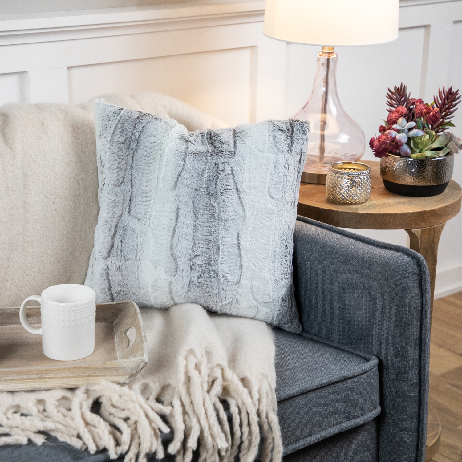 18" Gray and White Plush Square Throw Pillow