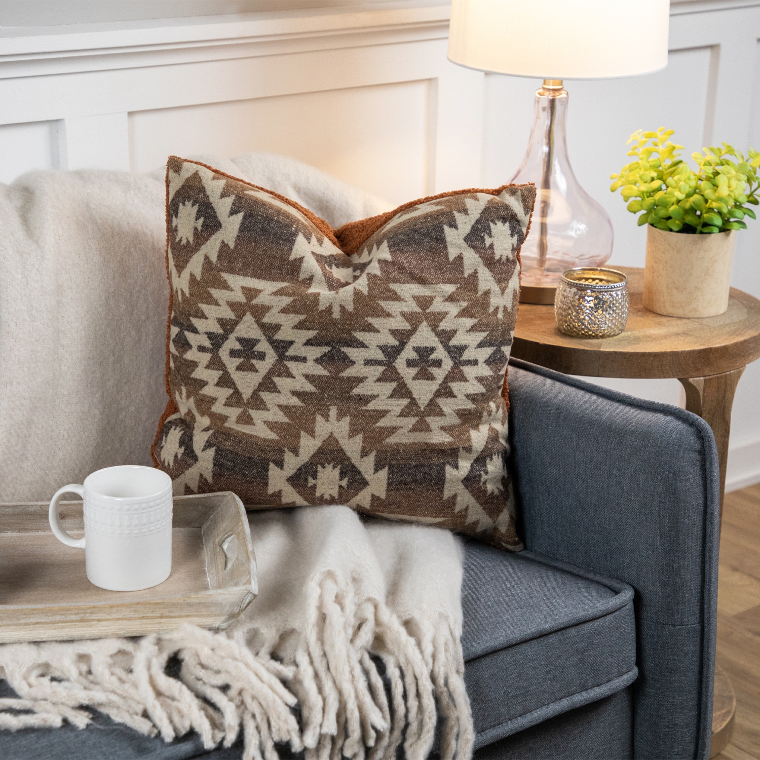 15" Brown Southwestern Pattern Worsted Square Throw Pillow