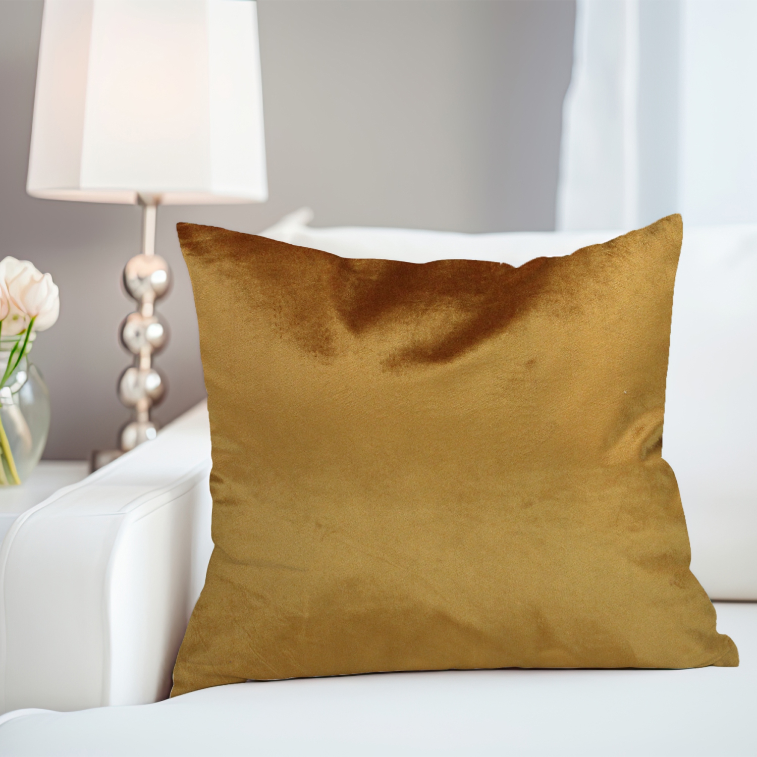 18" Solid Golden Mustard Plush Velvet Square Throw Pillow with Piped Edging
