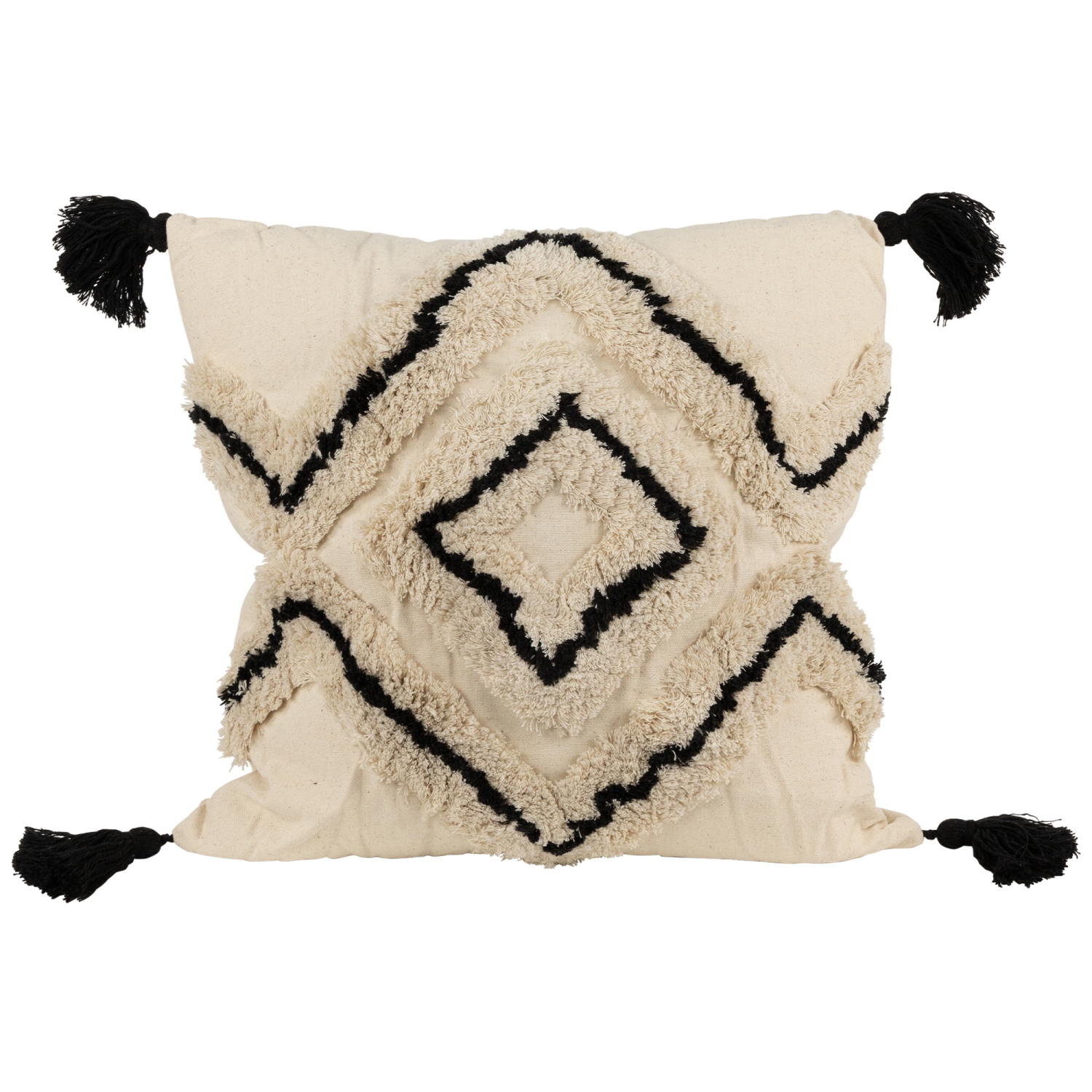 Coussin décoratif carré en coton boho beige et noir de 15 po avec pampilles