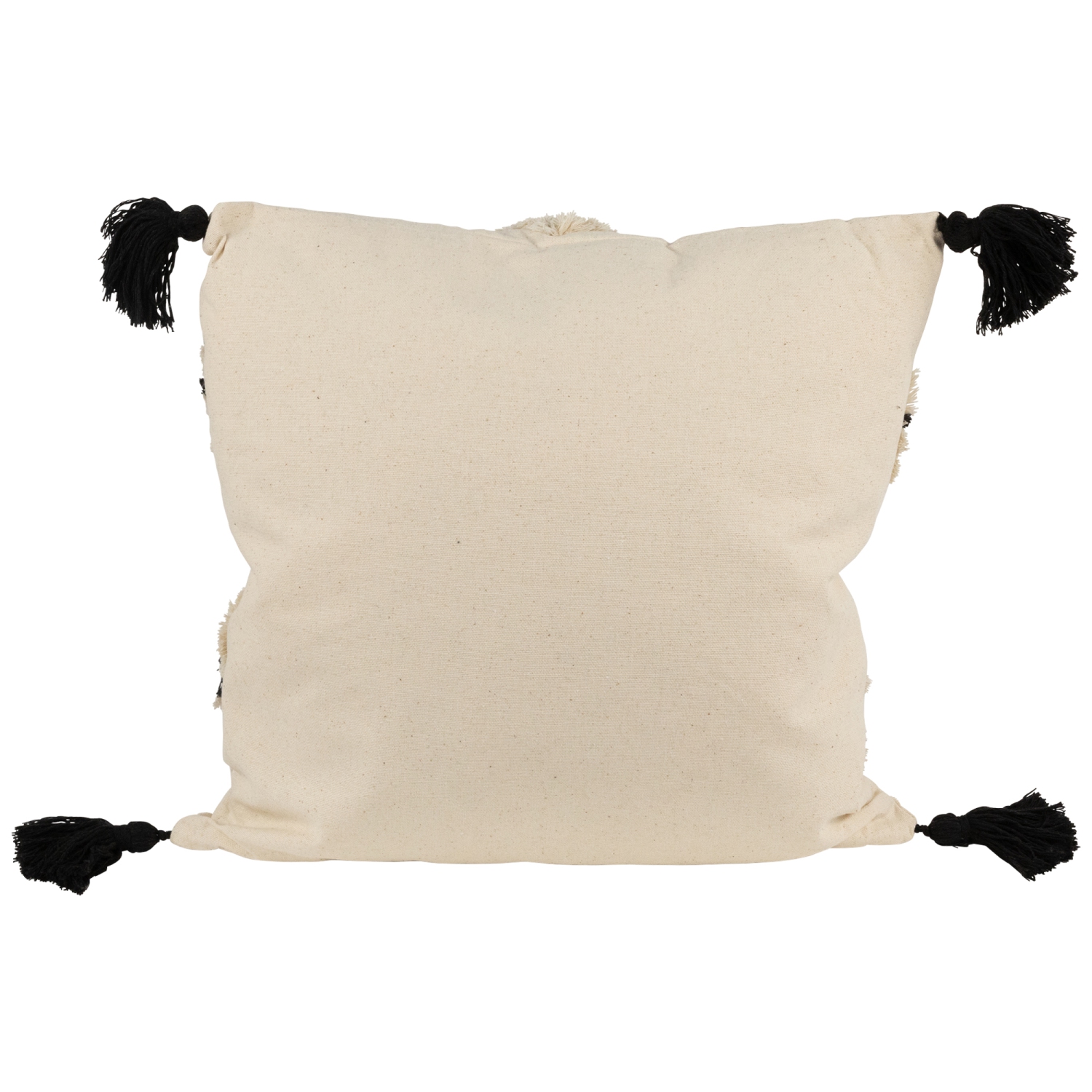 Coussin décoratif carré en coton boho beige et noir de 15 po avec pampilles