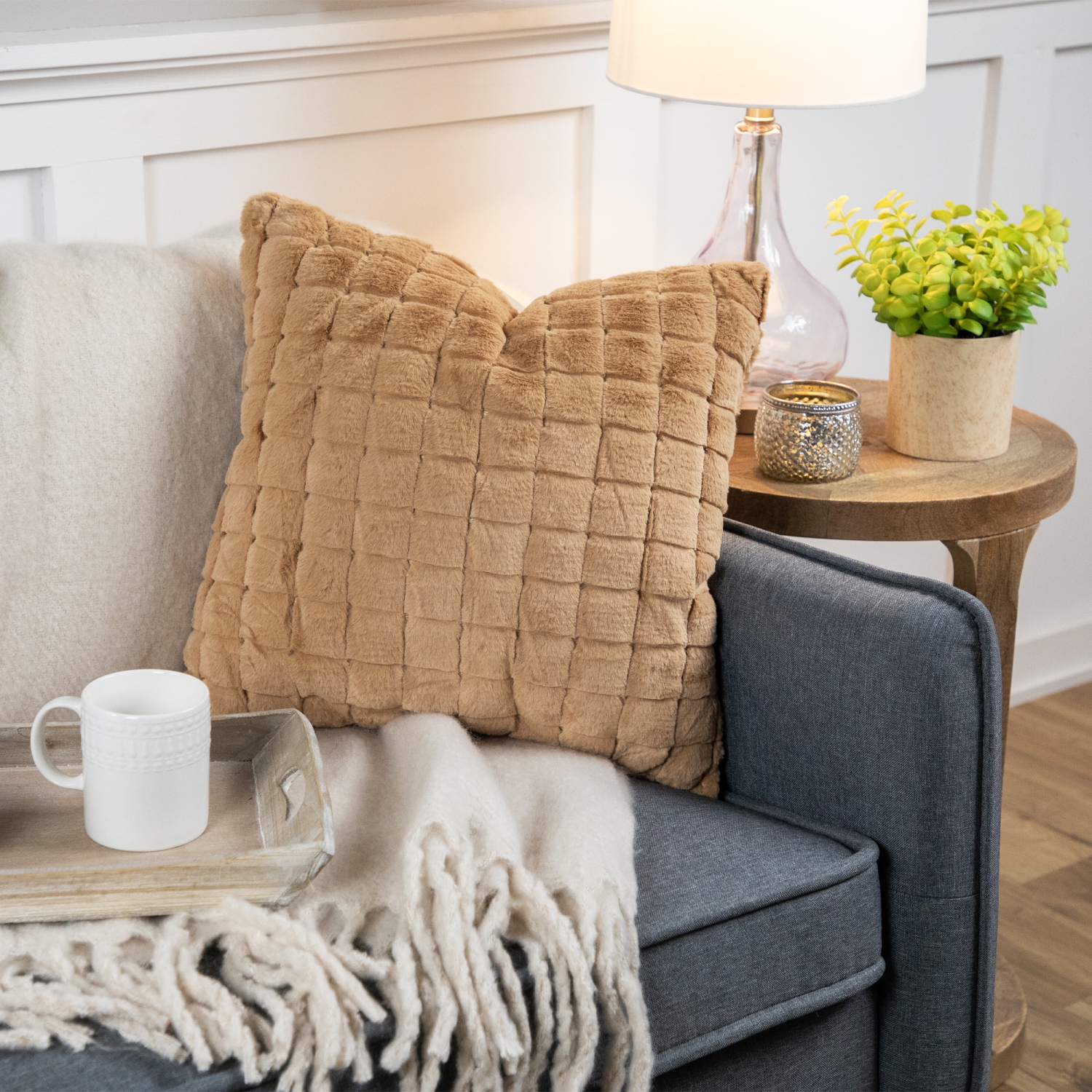 18" Khaki Rabbit Faux Fur Plaid Pattern Square Throw Pillow