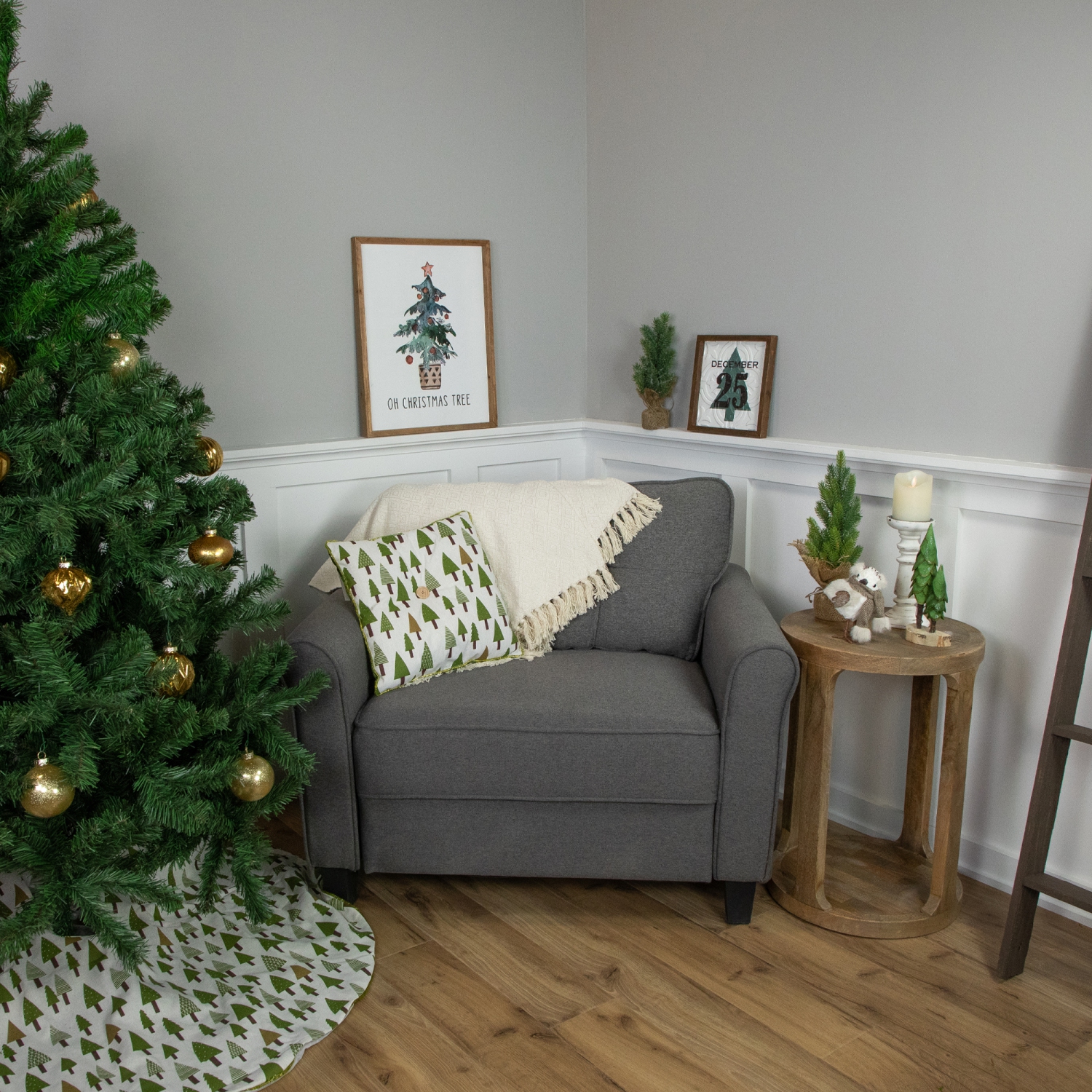 Woodland Trees Christmas Throw Pillow - 15"- Green and White