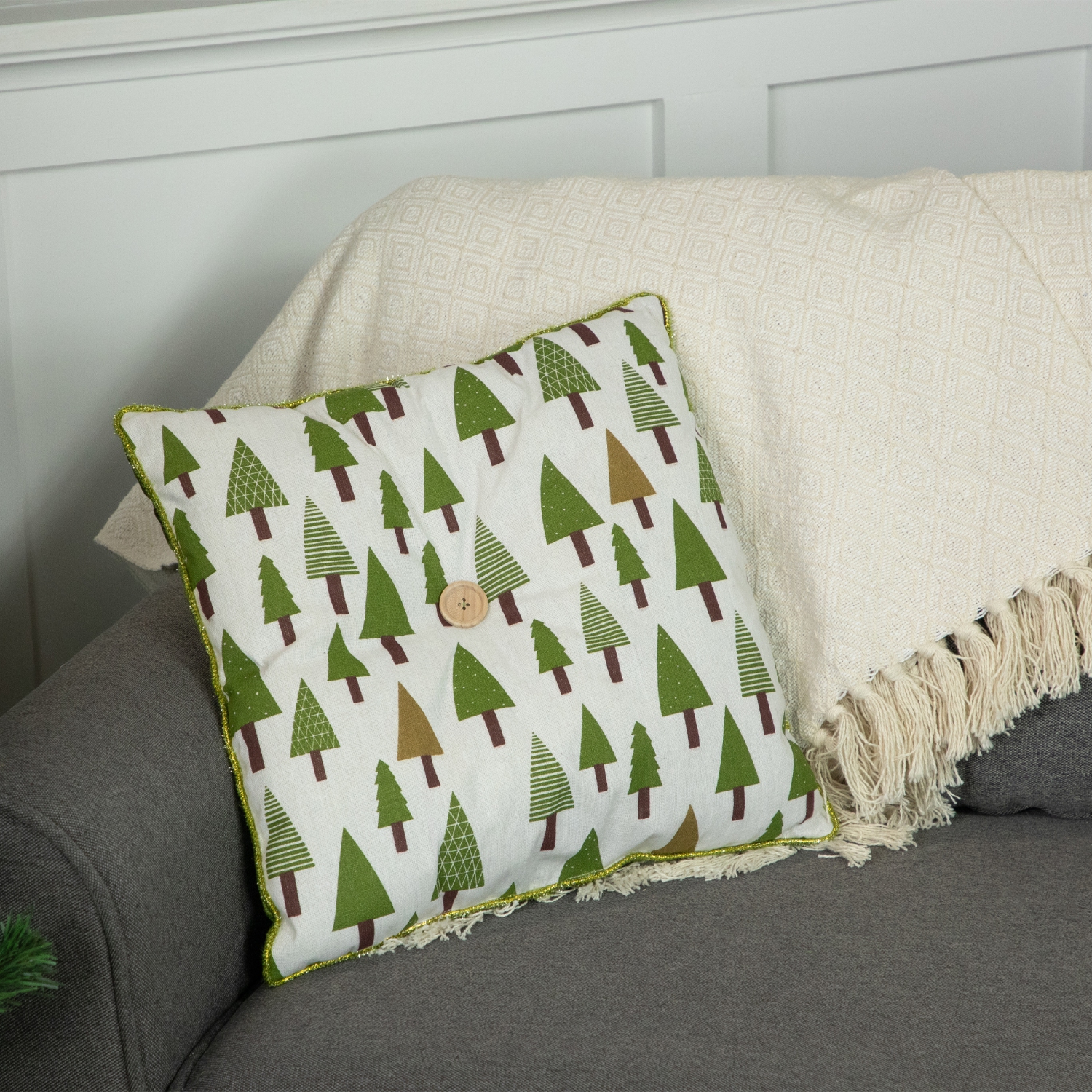 Woodland Trees Christmas Throw Pillow - 15"- Green and White