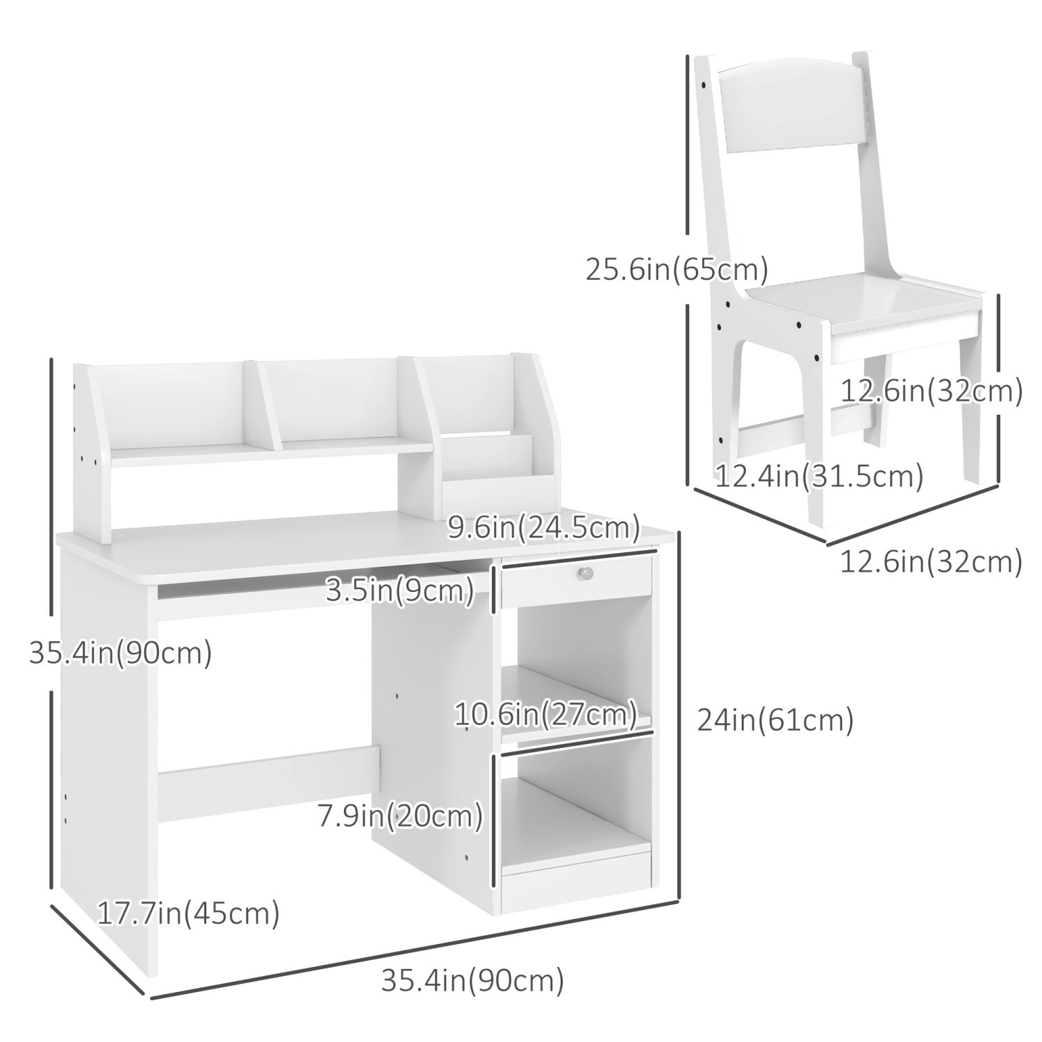 Qaba – Ensemble bureau et chaise pour enfants de 5-8 ans avec rangement, table d’étude et chaise pour enfants, blanc