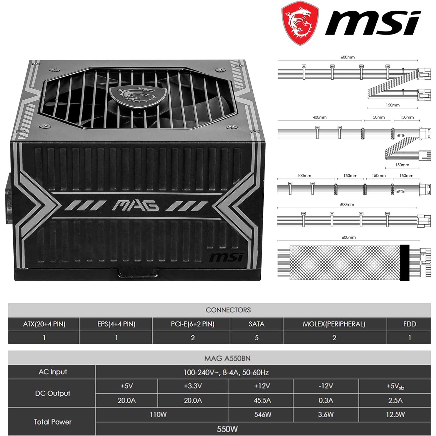 MSI MAG A550BN, Non-Modular Compact 550W Power Supply, 80+ Bronze, Low-Noise Fan, Active PFC Design, 5 Year Warranty