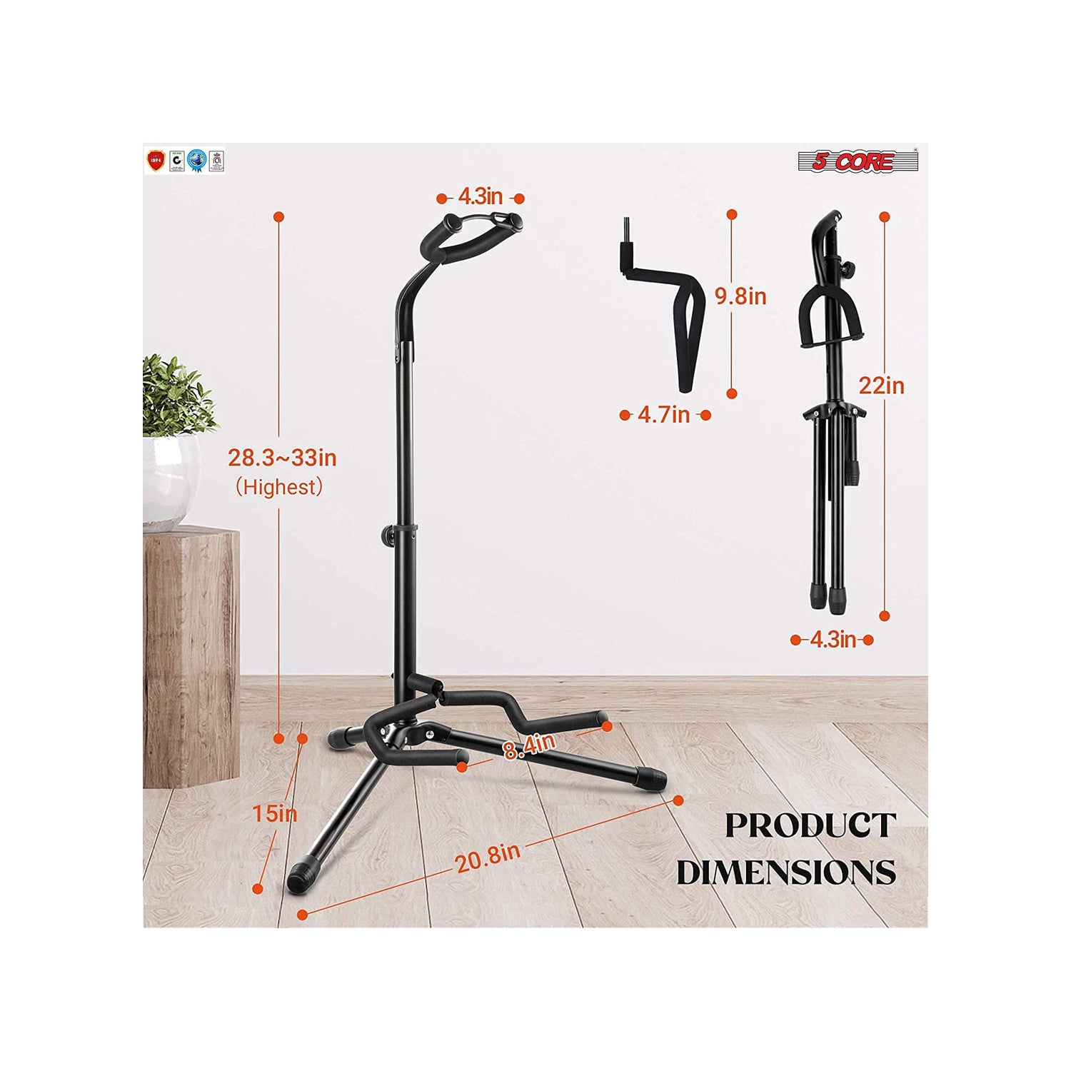 Support de guitare 5 Core Support au sol réglable 28,3 - 33 Grand